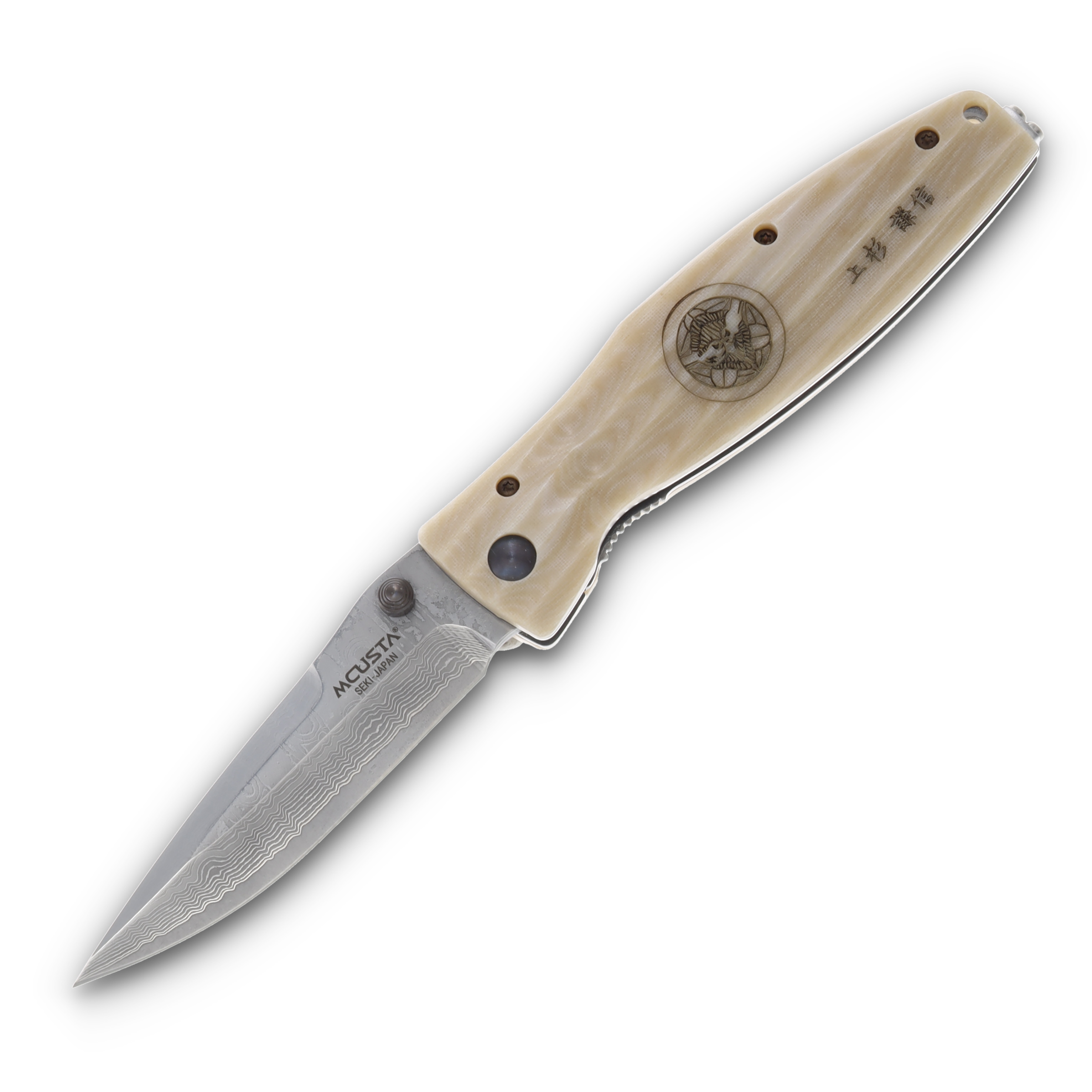 Mcusta MC-18 Sengoku  Busho Damascus Folding Knife White Micarta MC-185D View 1