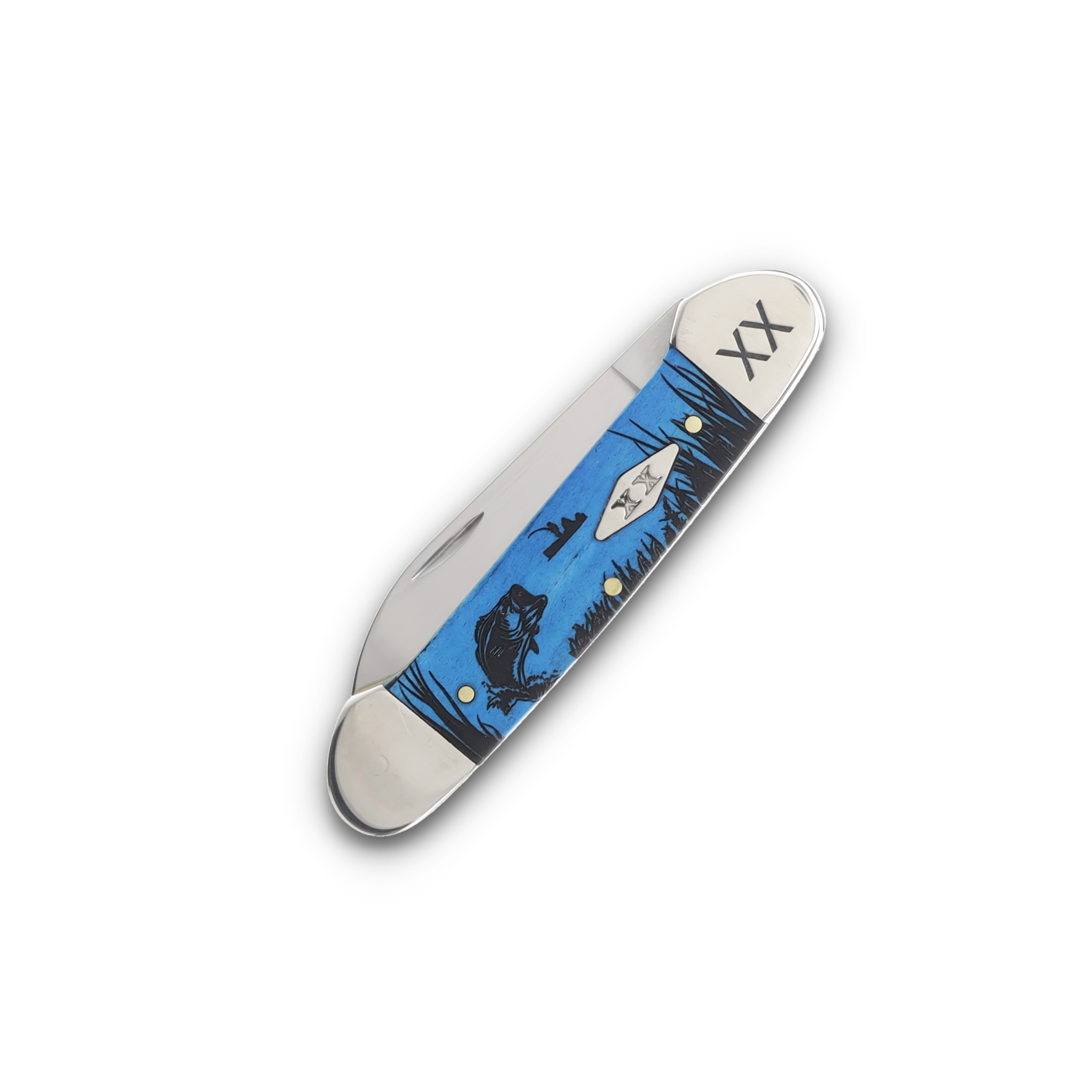 Case XX Blue Smooth Bone Canoe Folding Knife Bass with Diamond Shield and XX Bolsters CA12527BASS View 3