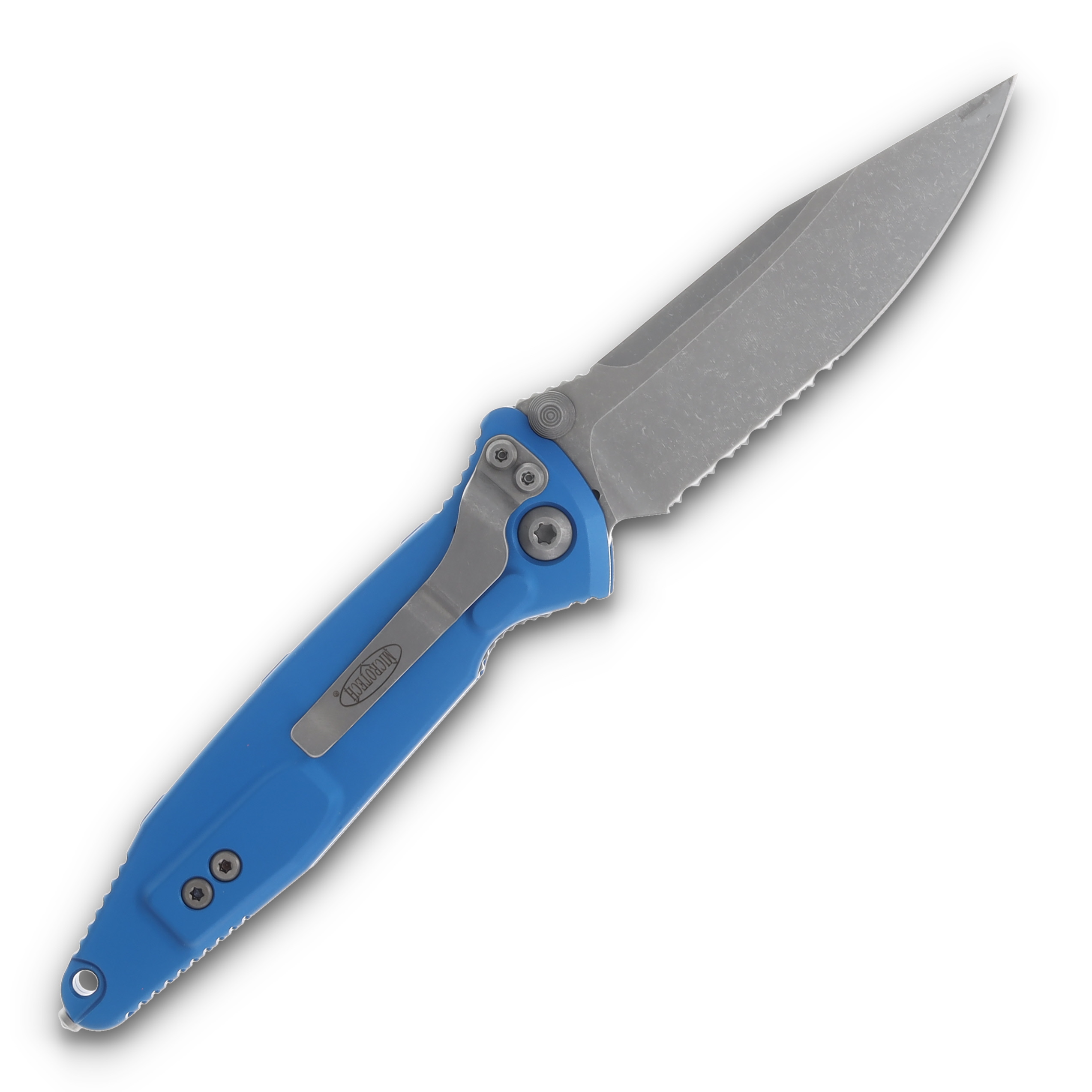 Microtech Socom Elite Folding Knife Blue 4.0in Part Serr Apocalyptic Clip Point MT16011APBL View 2
