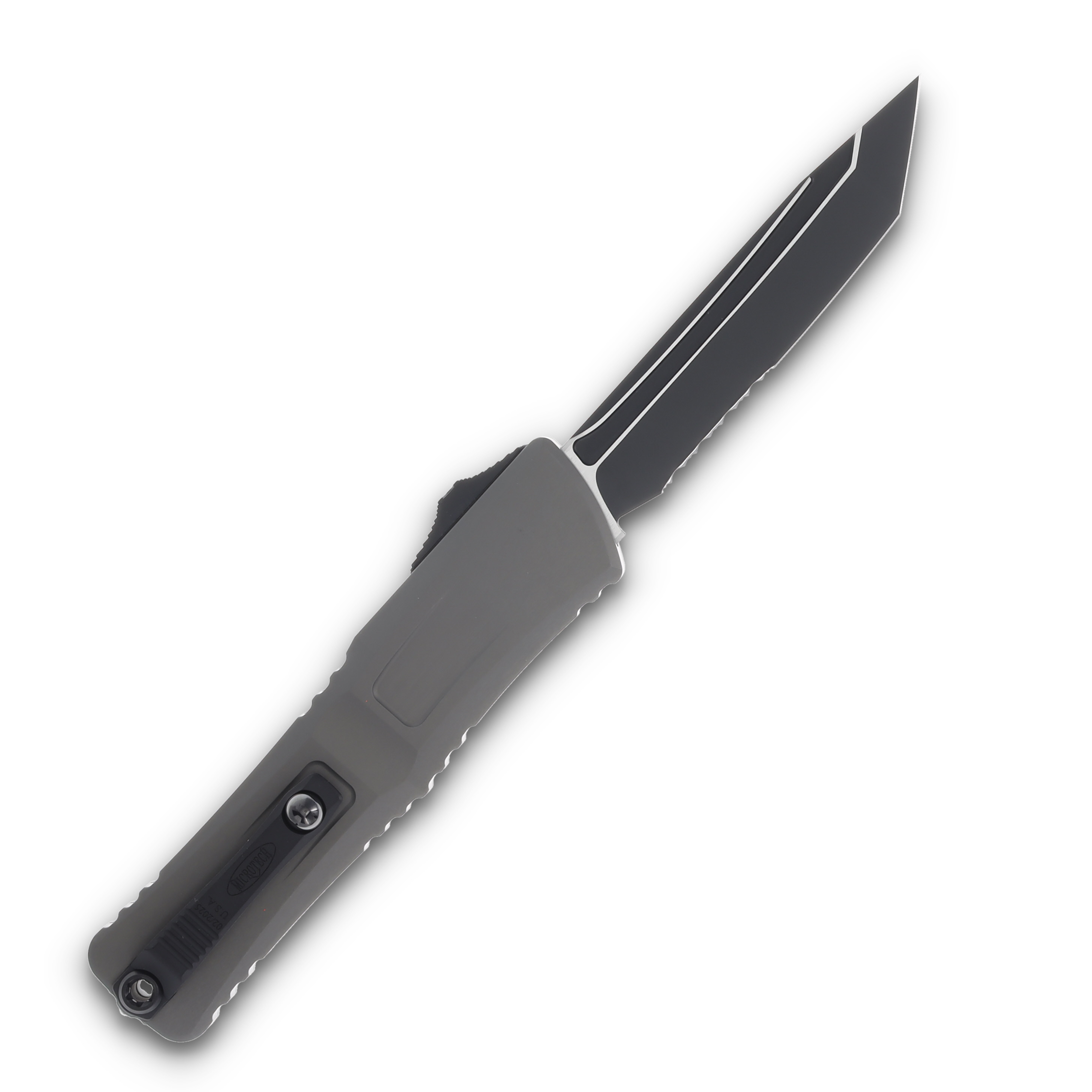 Microtech Knives OTF Combat Troodon Gen III Natural Clear 4.0in Black Part Serr Tanto AUMT11442NC View 2