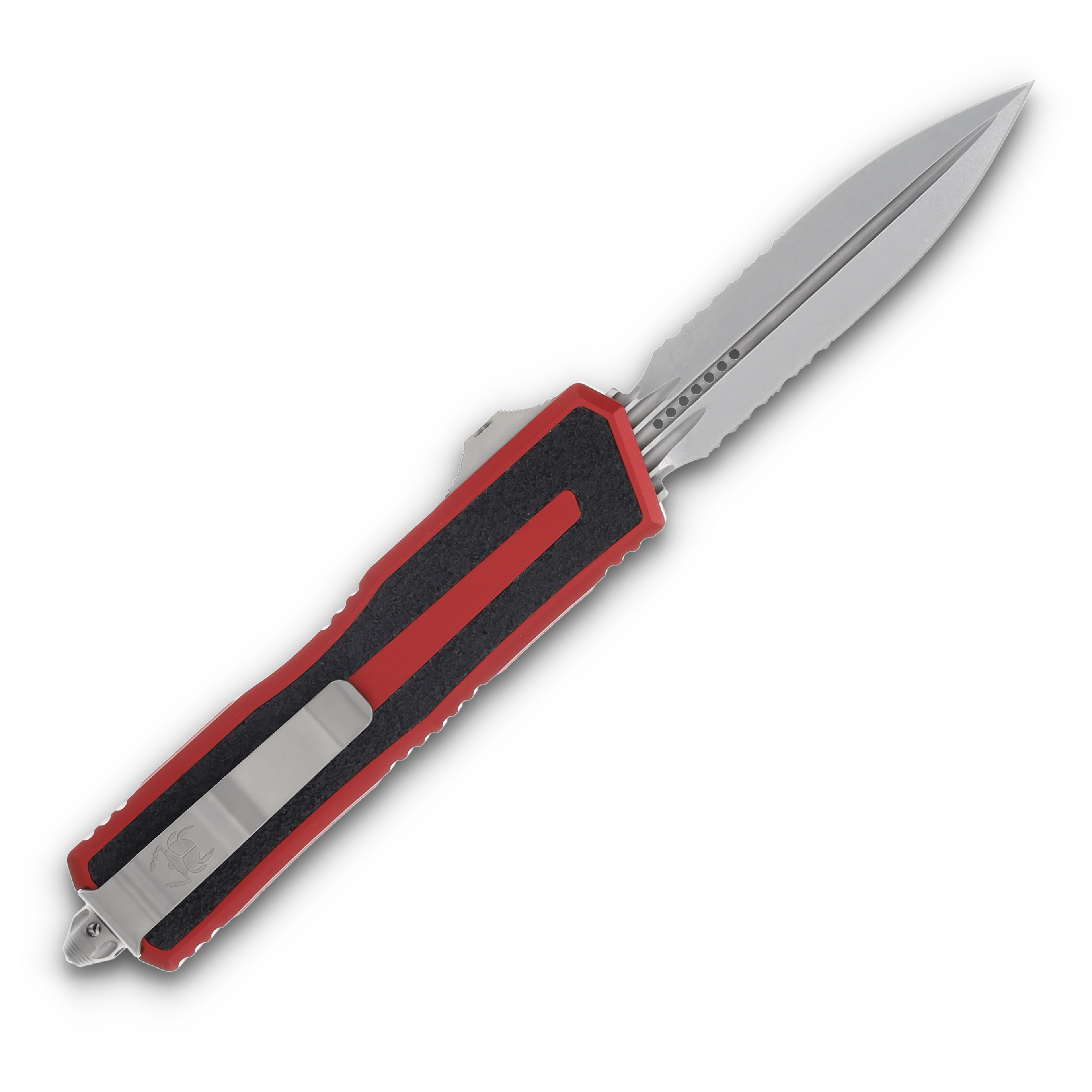 Microtech Scarab II Gen III D/E Auto OTF Knife Red 3.9in Part Serr Stonewash Dagger AUMT128011RD View 2