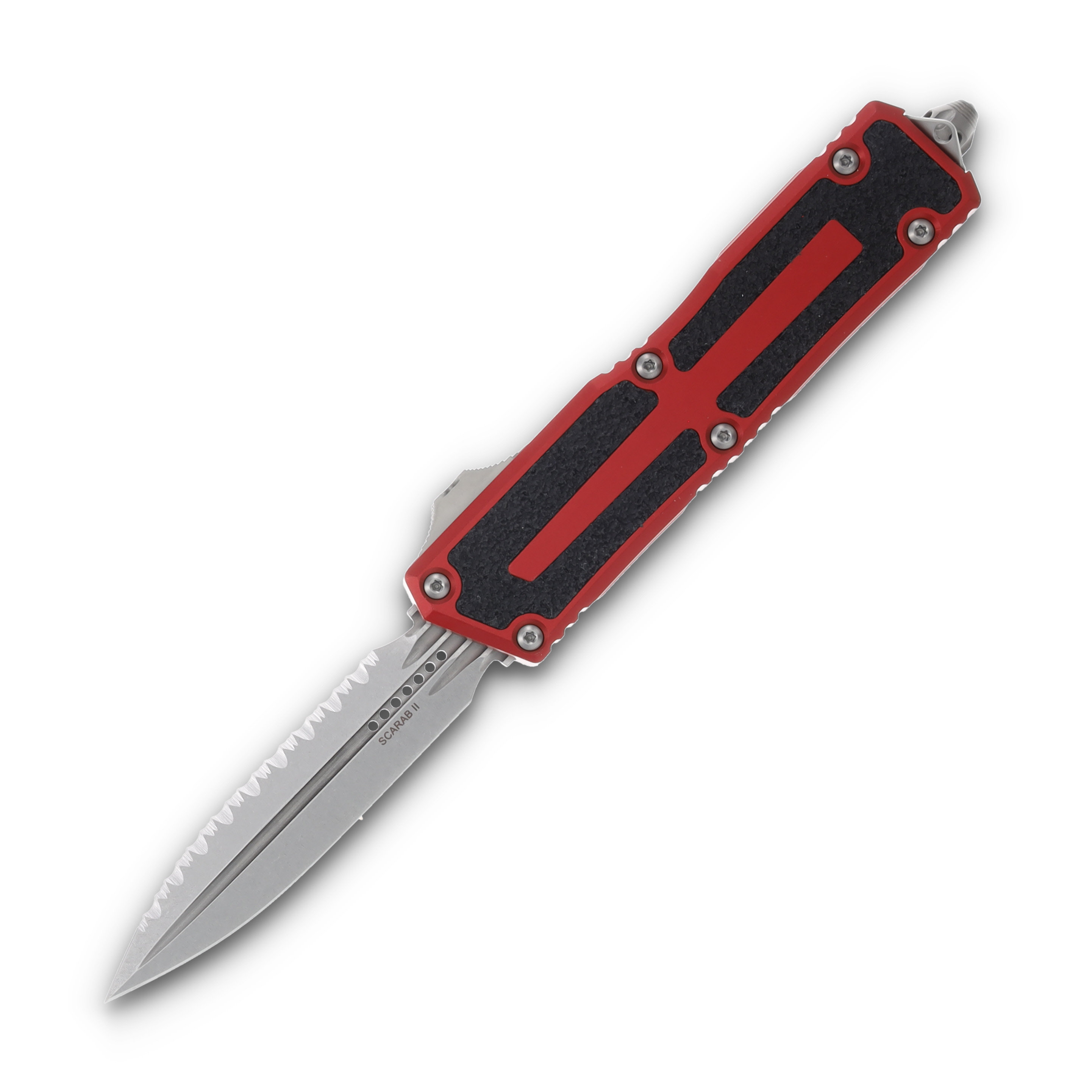 Microtech Scarab II Gen III D/E Auto OTF Knife Red 3.9in full Serr Stonewash Dagger AUMT128012RD View 1