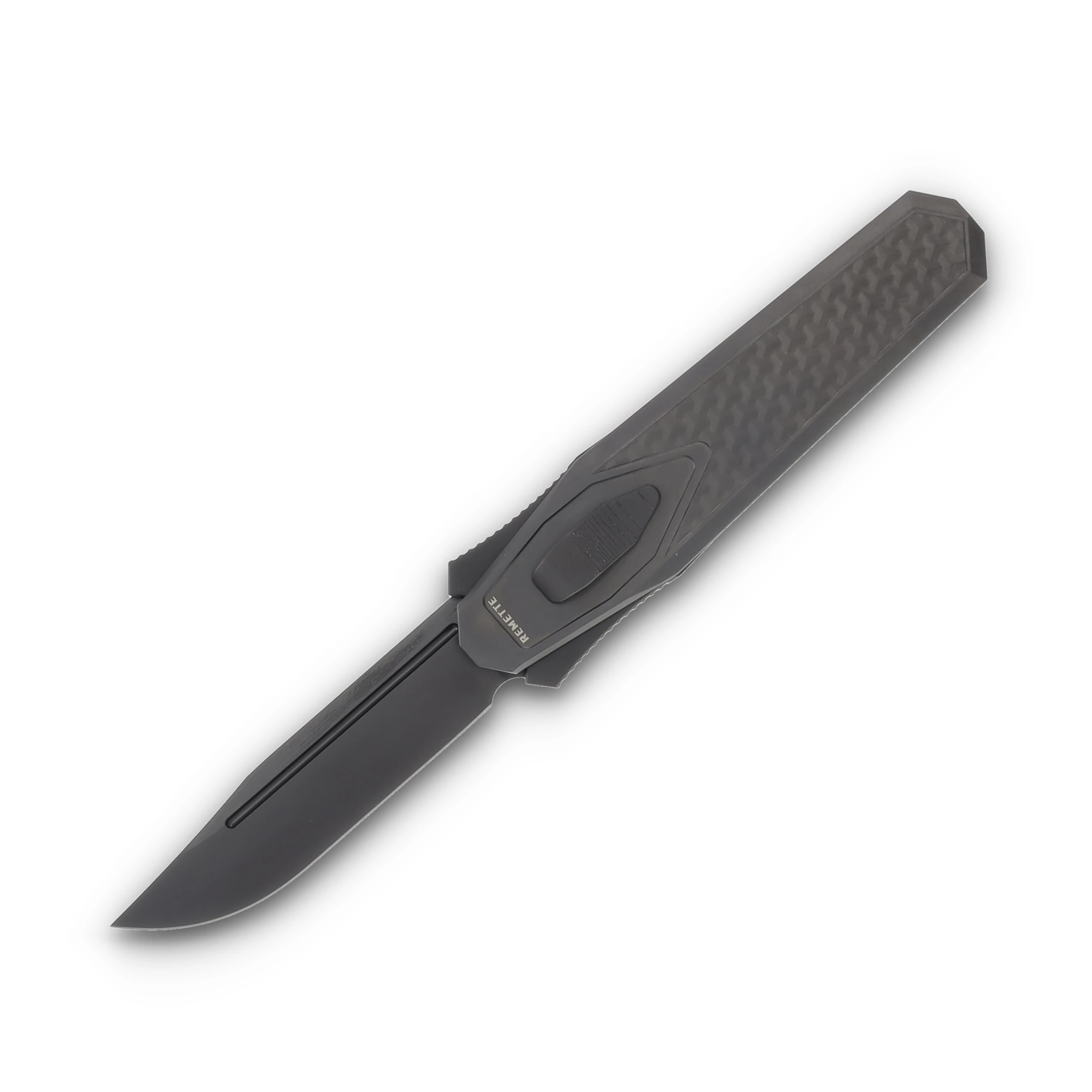 Remette Knives RT Swordfish Black Titanium Handle With Red, Blue & White Carbon Fiber Inlay Black M390 Clip Point Blade (MAP) (1) ZL101B5 View 3