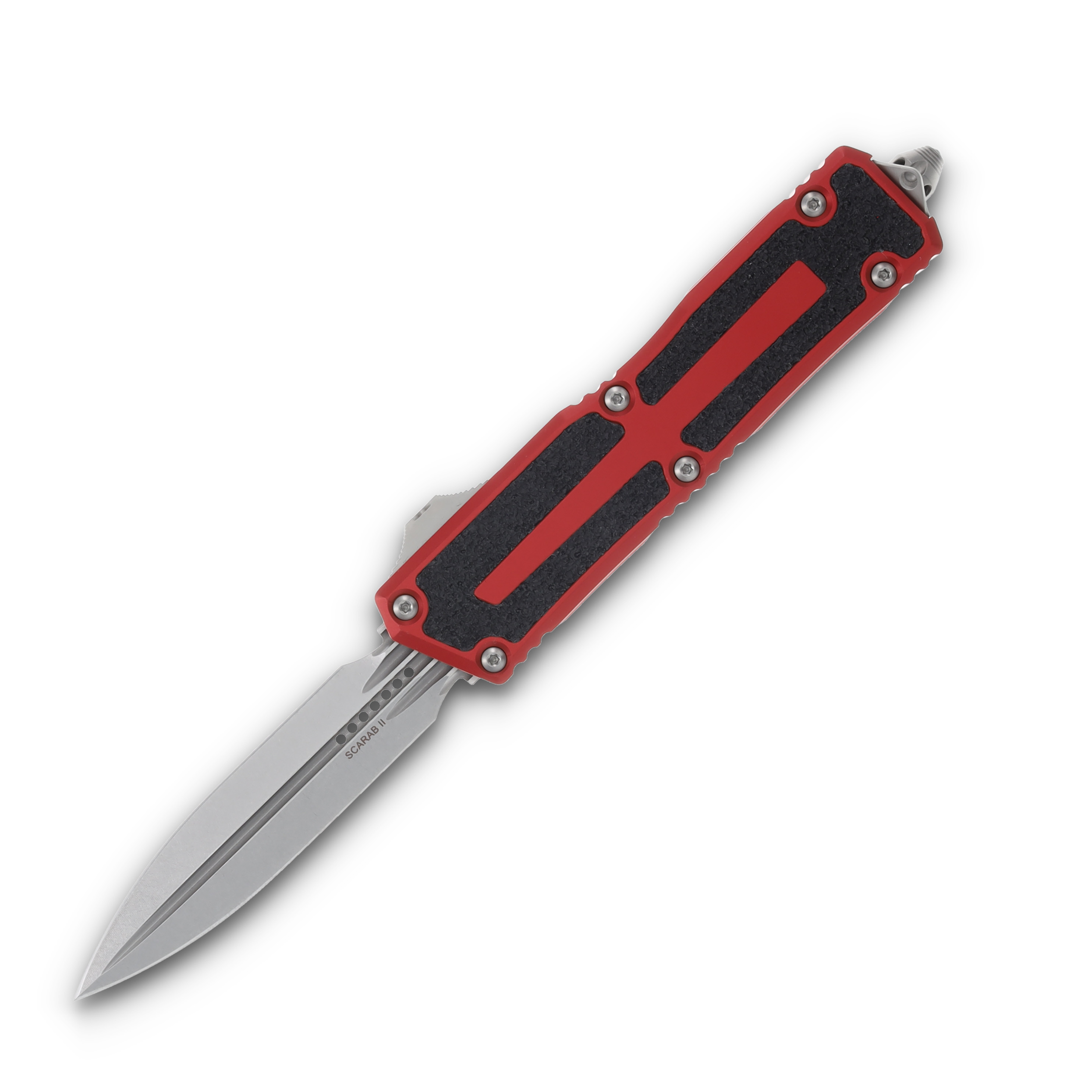 Microtech Scarab II Gen III D/E Auto OTF Knife Red 3.9in Stonewash Dagger AUMT128010RD View 1