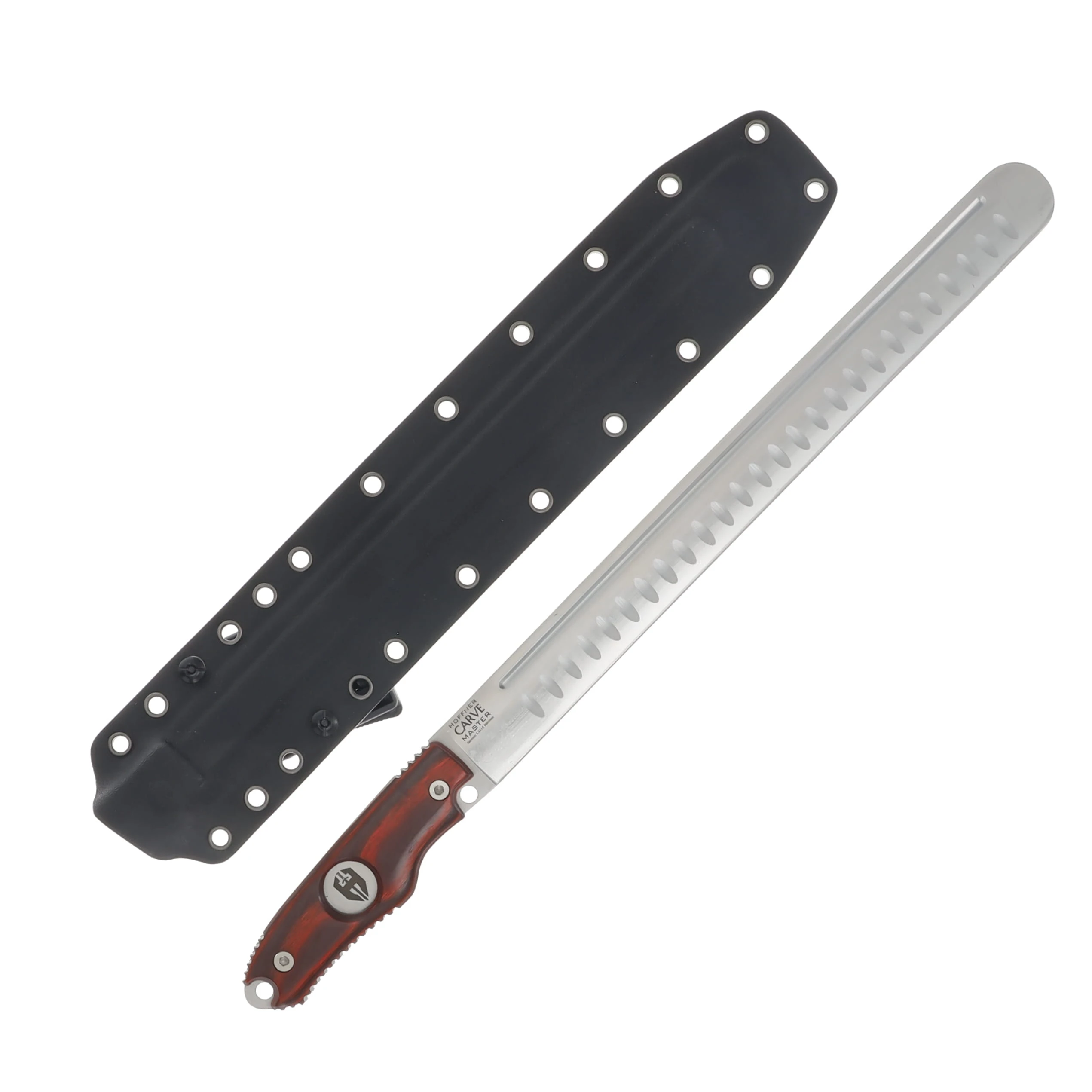 Hoffner Knives Carvemaster- Exotic Red Wood Grip, German Stainless, & Black Kydex Sheath with Towel C-CARVE-S12-PAKKA View 2