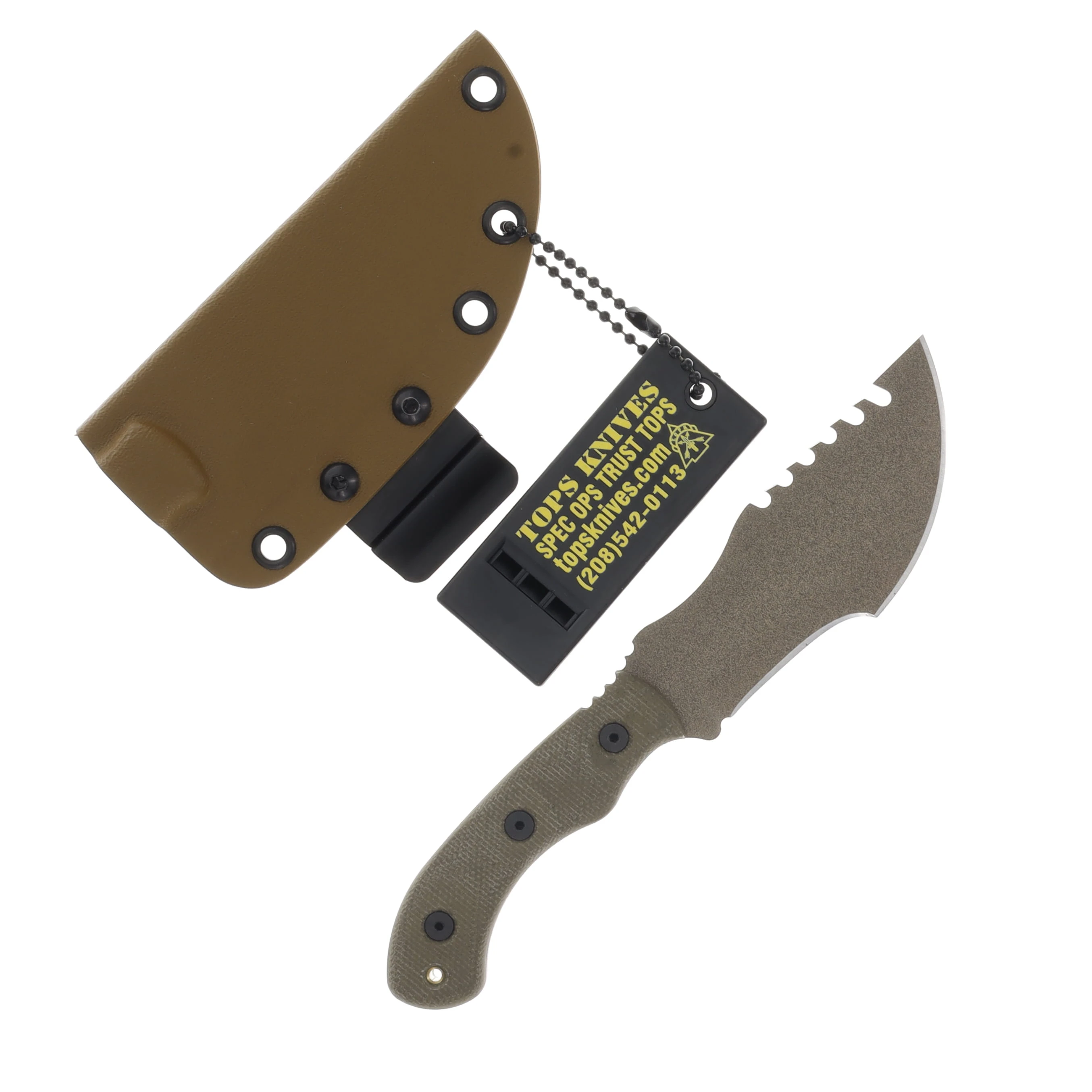 TOPS Tom Brown Tracker 4 Mini Fixed Knife Green Micarta Handle 3.5in Coyote Tan 1095 Sawback Blade TBT04-TAN View 1