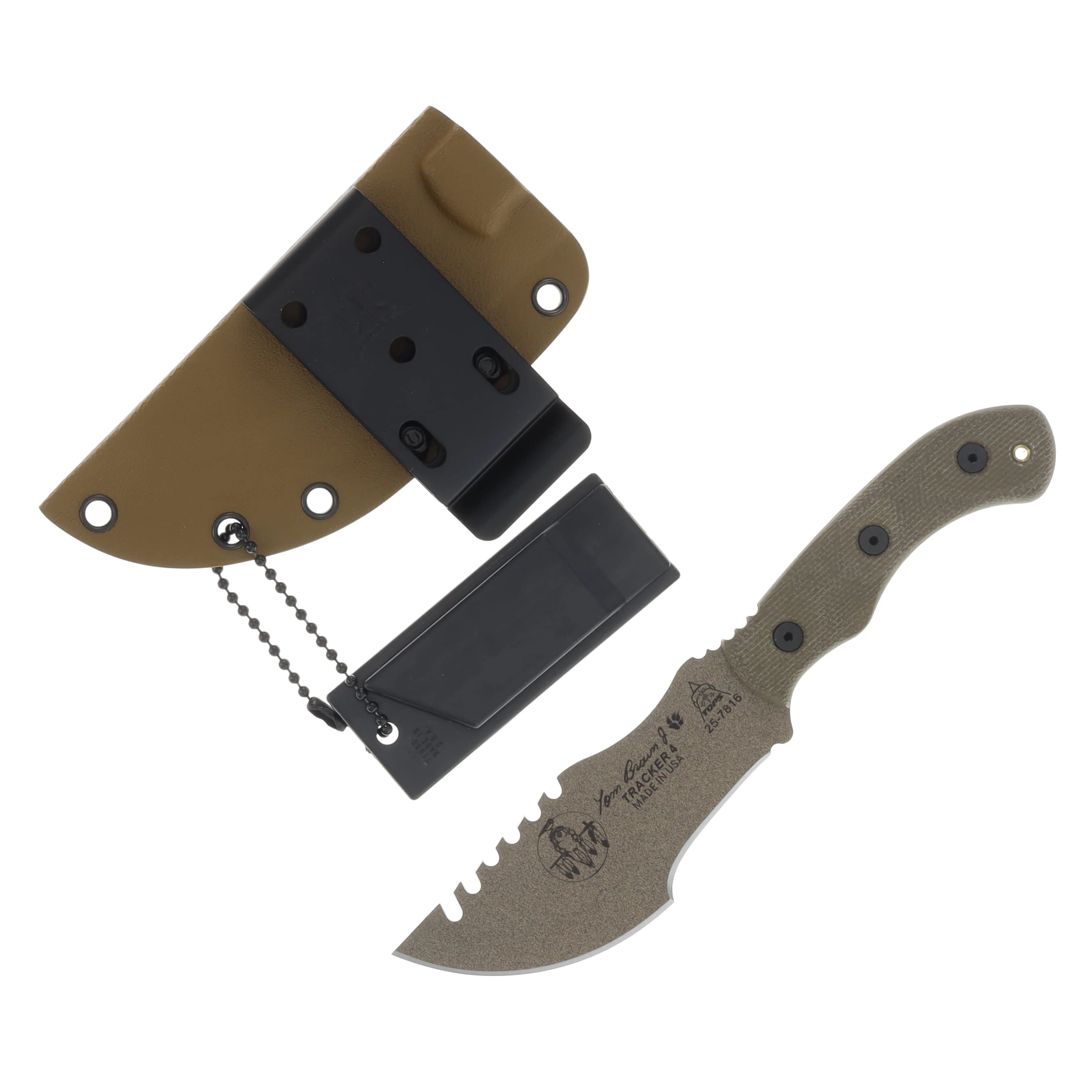 TOPS Tom Brown Tracker 4 Mini Fixed Knife Green Micarta Handle 3.5in Coyote Tan 1095 Sawback Blade TBT04-TAN View 2