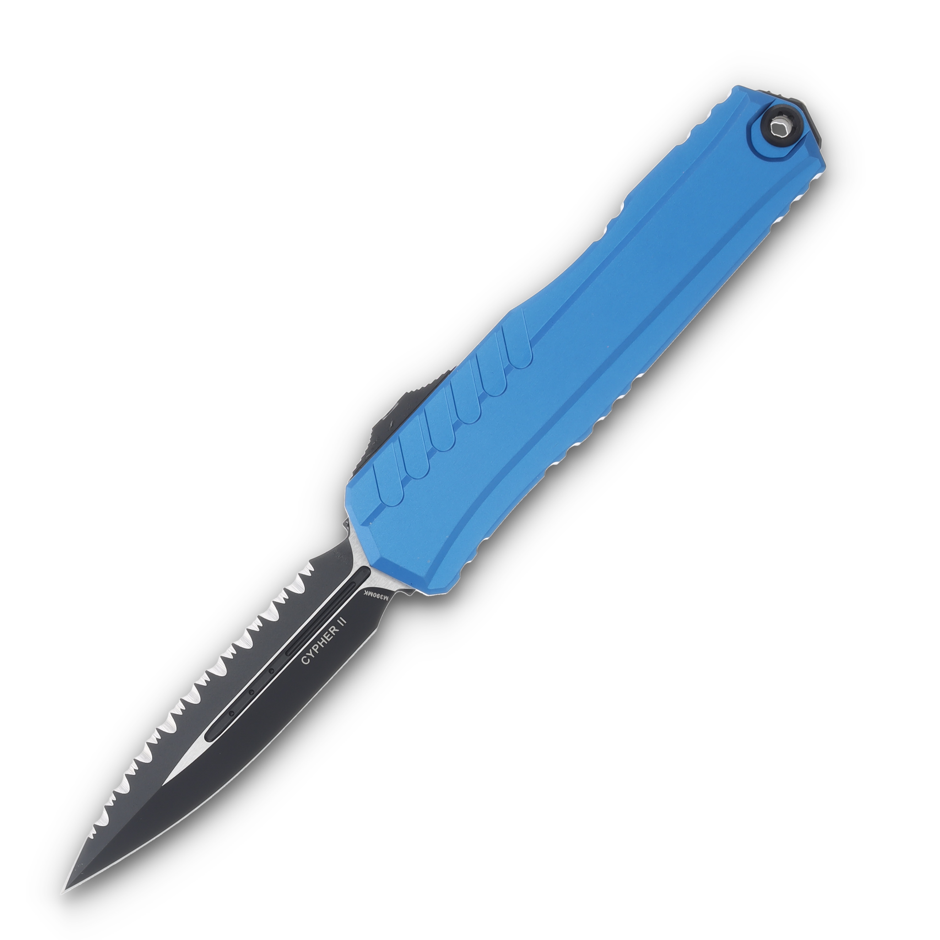 Microtech Cypher II Blue Aluminum OTF Auto 3.5in Black D/E Full Serr Dagger AUMT12423BL View 1