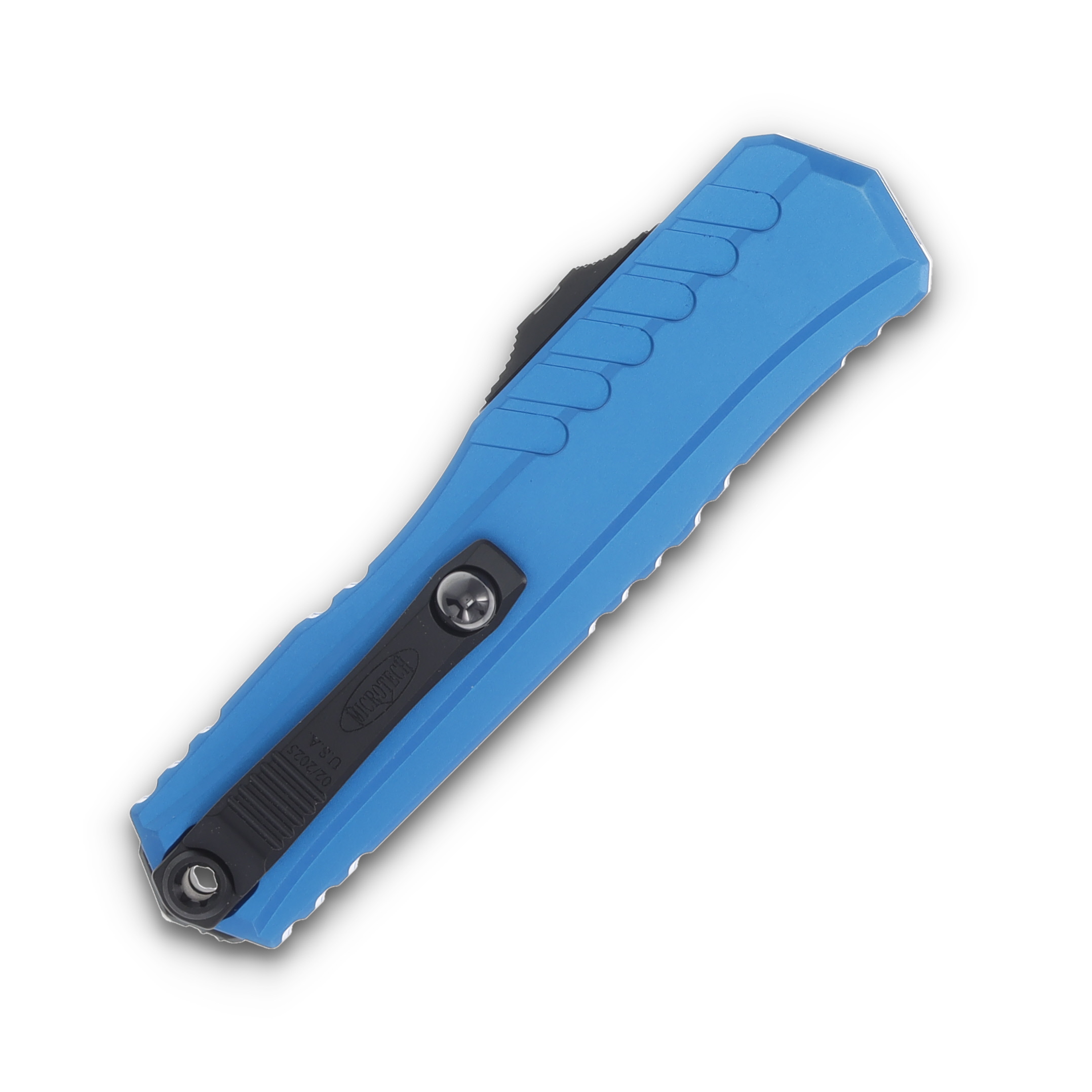 Microtech Cypher II Blue Aluminum OTF Auto 3.5in Black D/E Full Serr Dagger AUMT12423BL View 2
