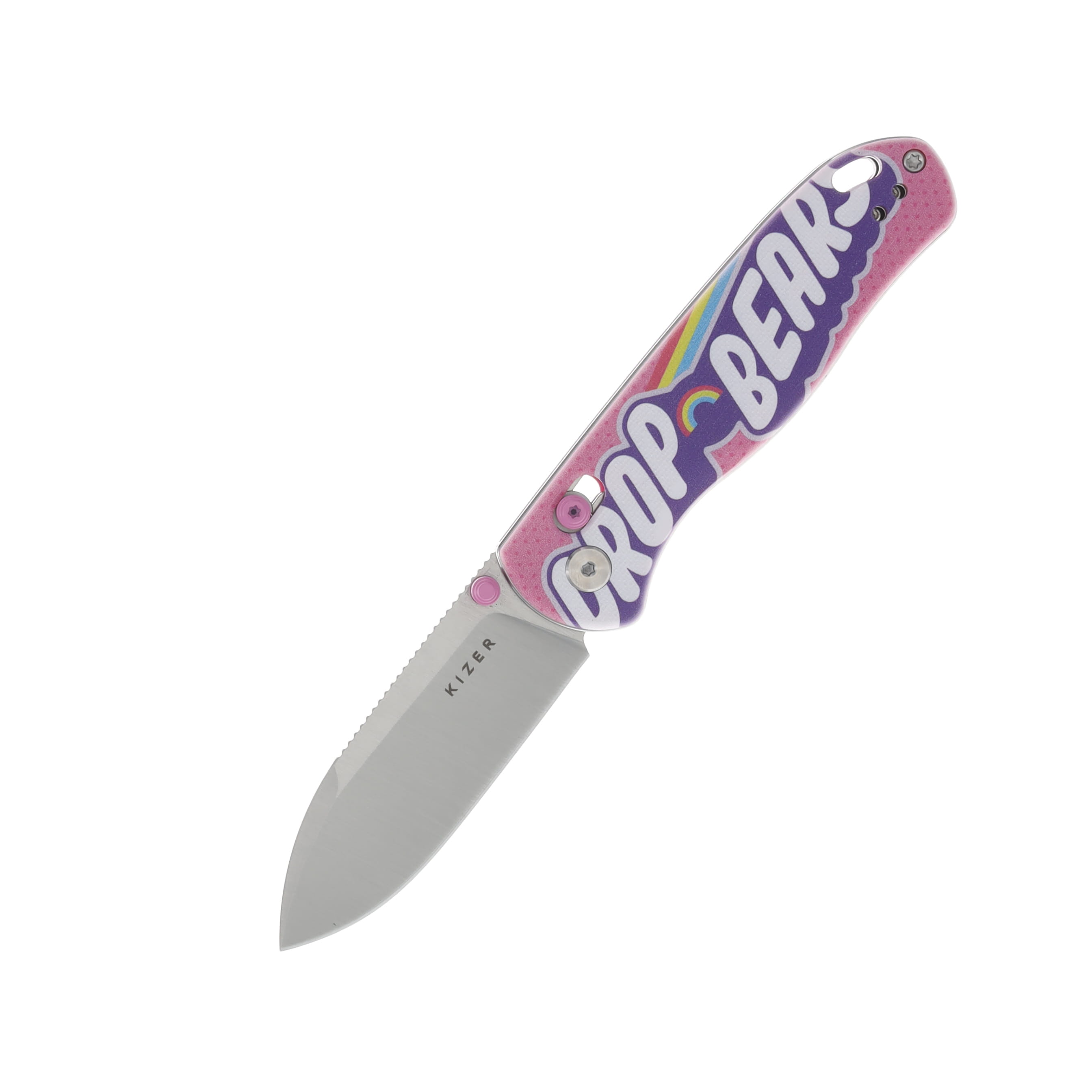 Kizer Drop Bear Rainbow Pink SMKW Exclusive 2.99in Plain Satin Drop Point V3619E5 View 1