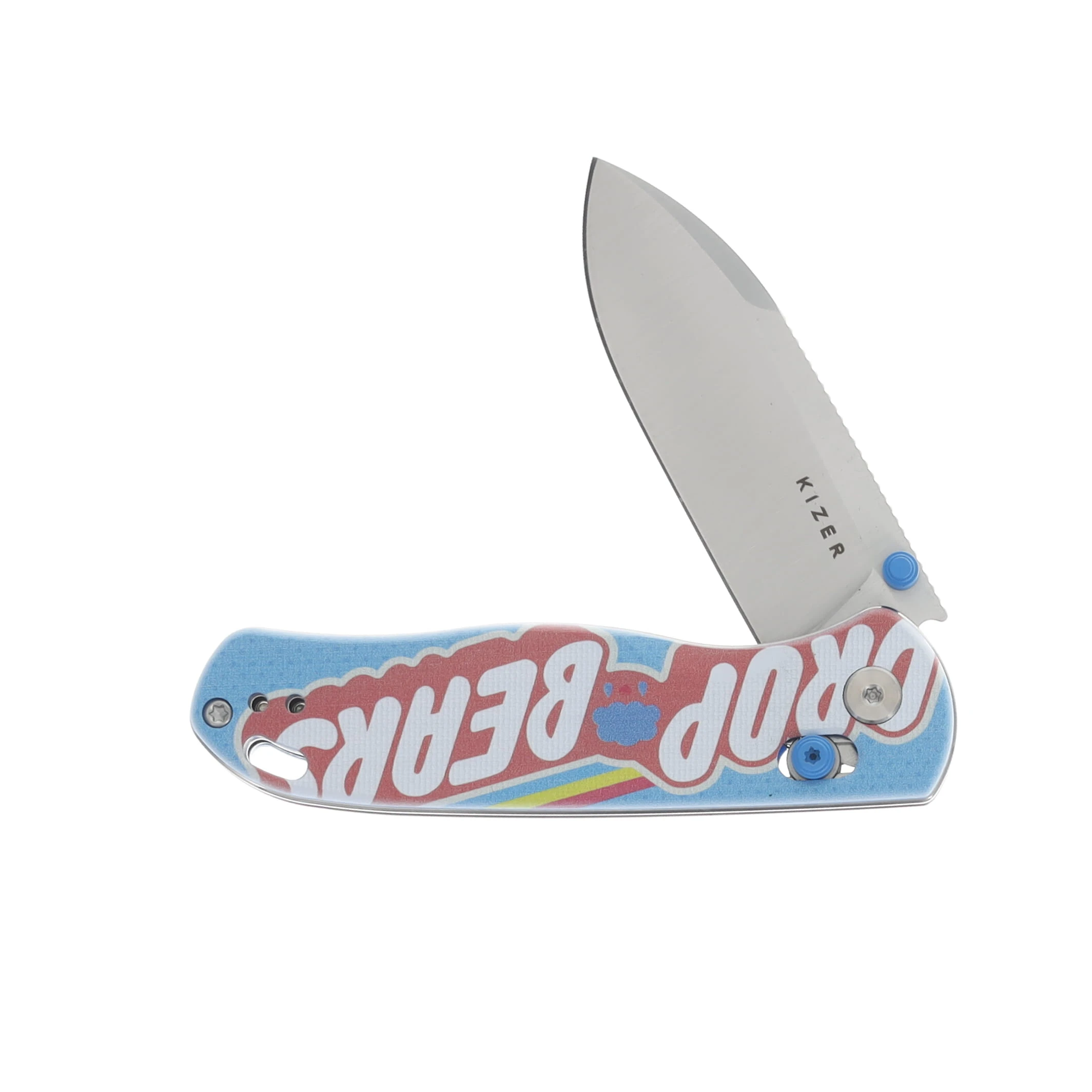 Kizer Drop Bear Grumbly Blue SMKW Exclusive 2.99in Plain Satin Drop Point V3619E6 View 3