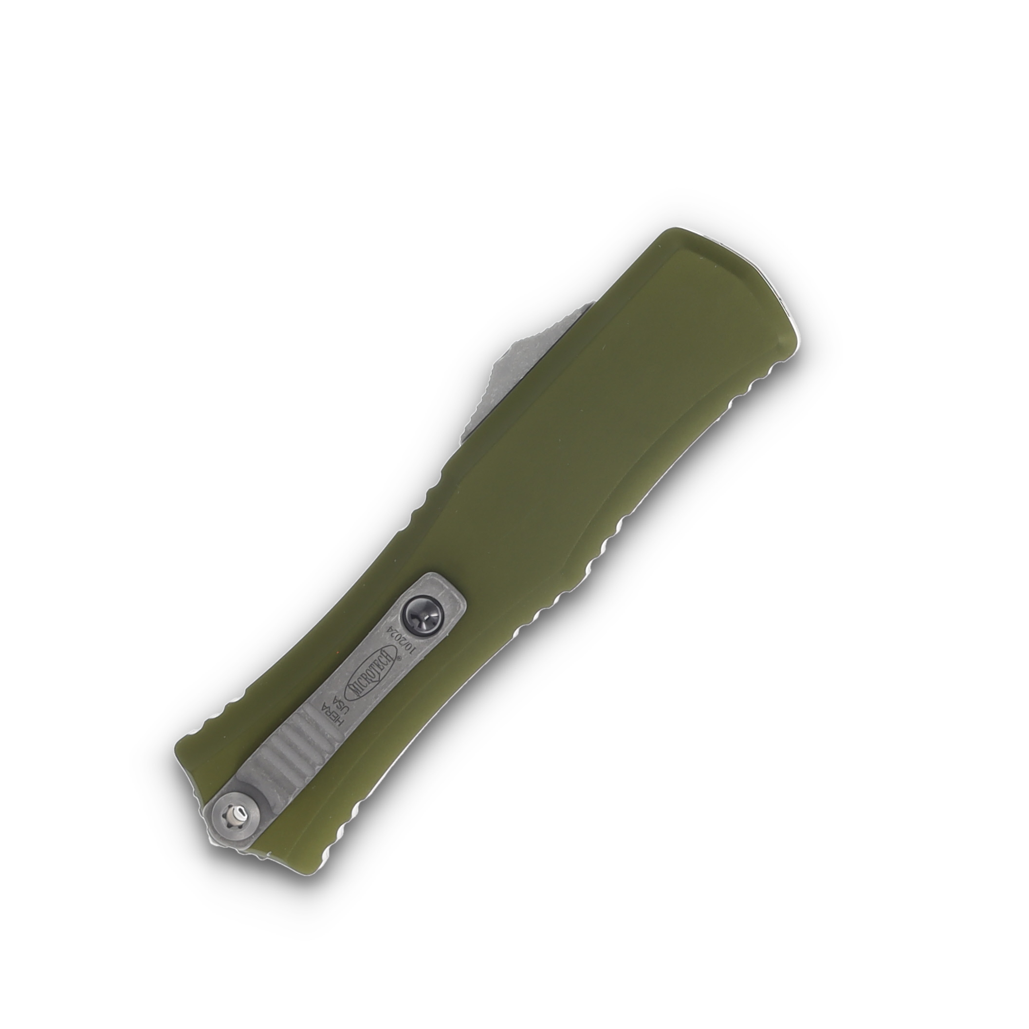 Microtech Hera II Mini Bayonet OTF Auto Knife OD Green 3in Full Serr Apoc Blade AUMT1701M12APOD View 2