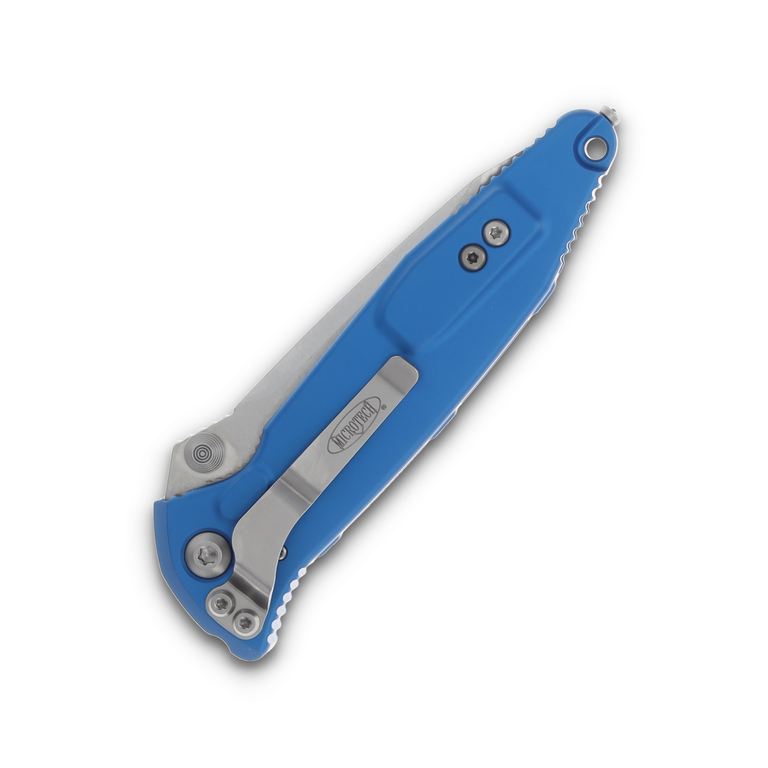 Microtech Socom Elite Folding Knife Blue 4.0in Stonewash Part Serr Tanto MT16111BL View 3