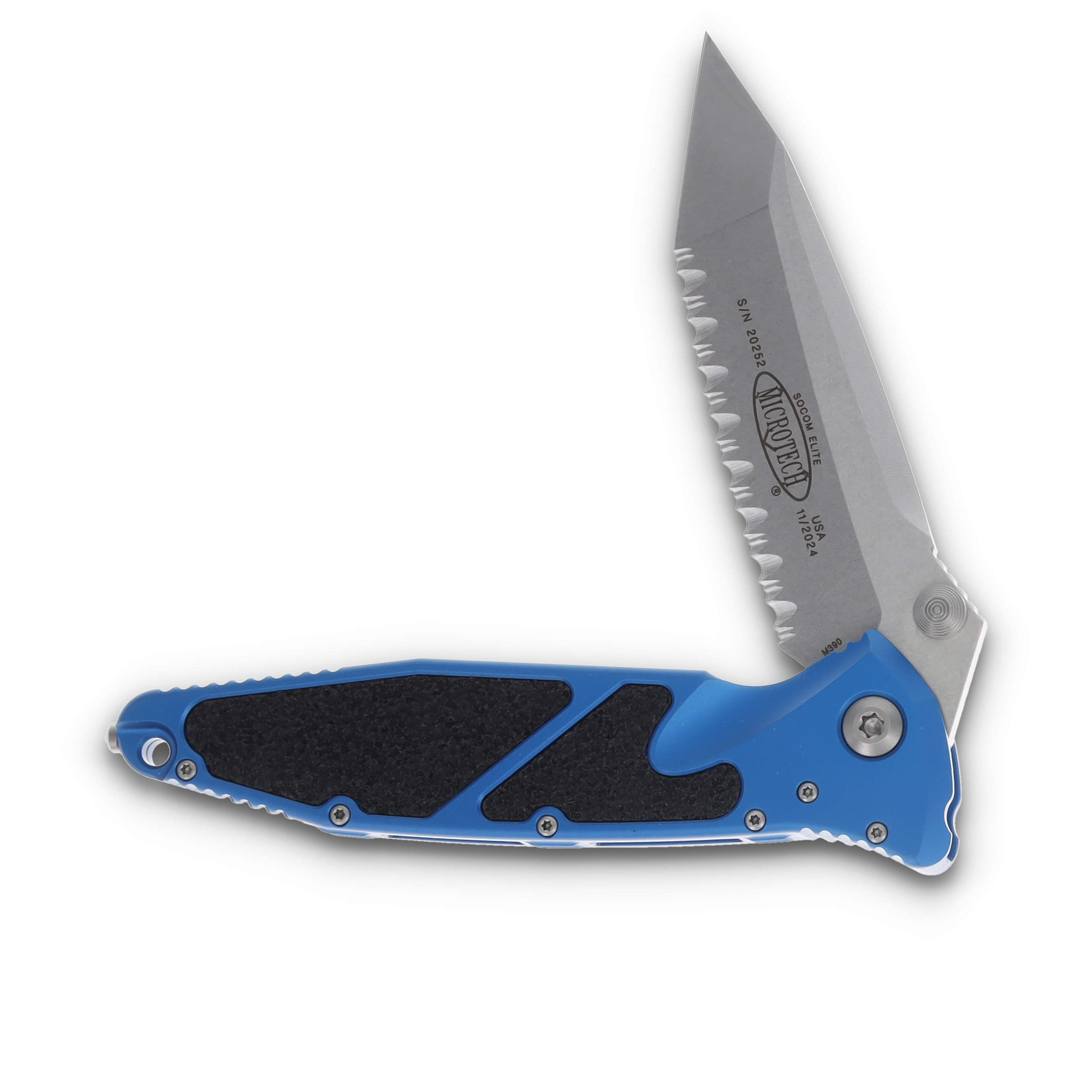 Microtech Socom Elite Folding Knife Blue 4.0in Stonewash Full Serr Tanto MT16112BL View 2