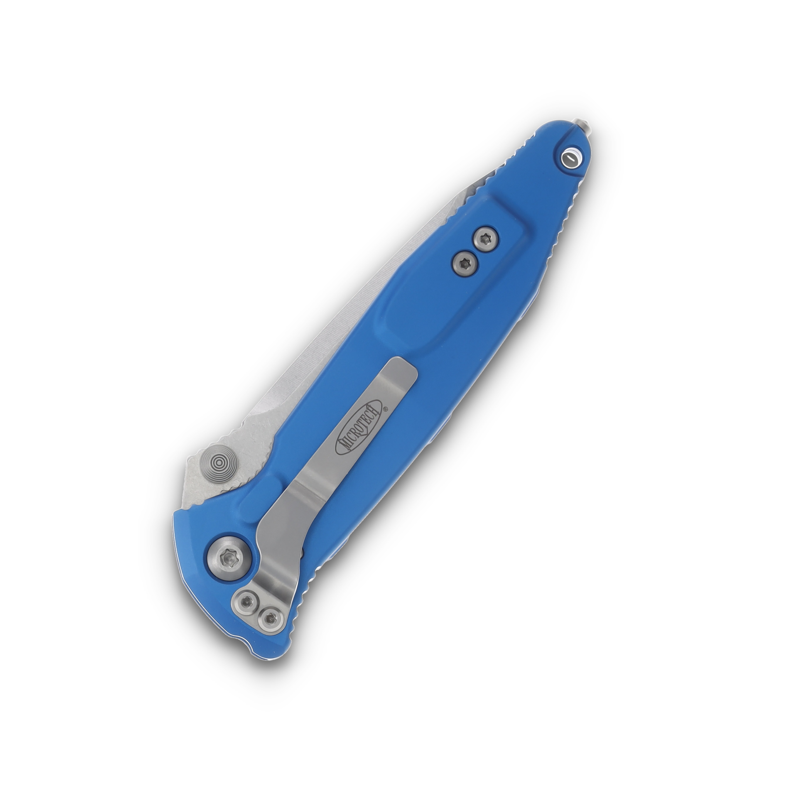 Microtech Socom Elite Folding Knife Blue 4.0in Stonewash Full Serr Tanto MT16112BL View 3