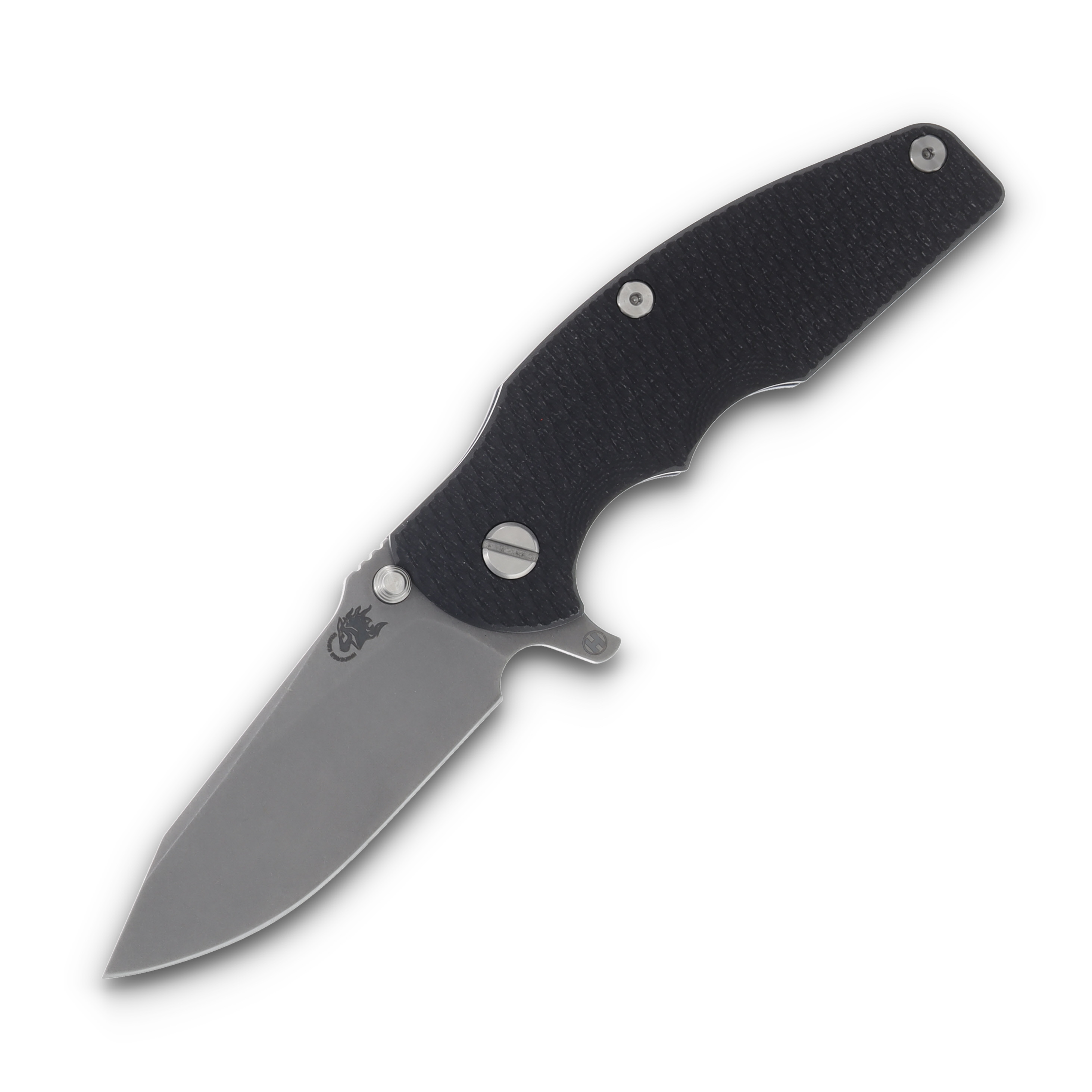 Hinderer Jurassic Black – Battle Blue 3.37in Plain Stonewash Drop Point KJURSLHOSWBBLBLBK View 1