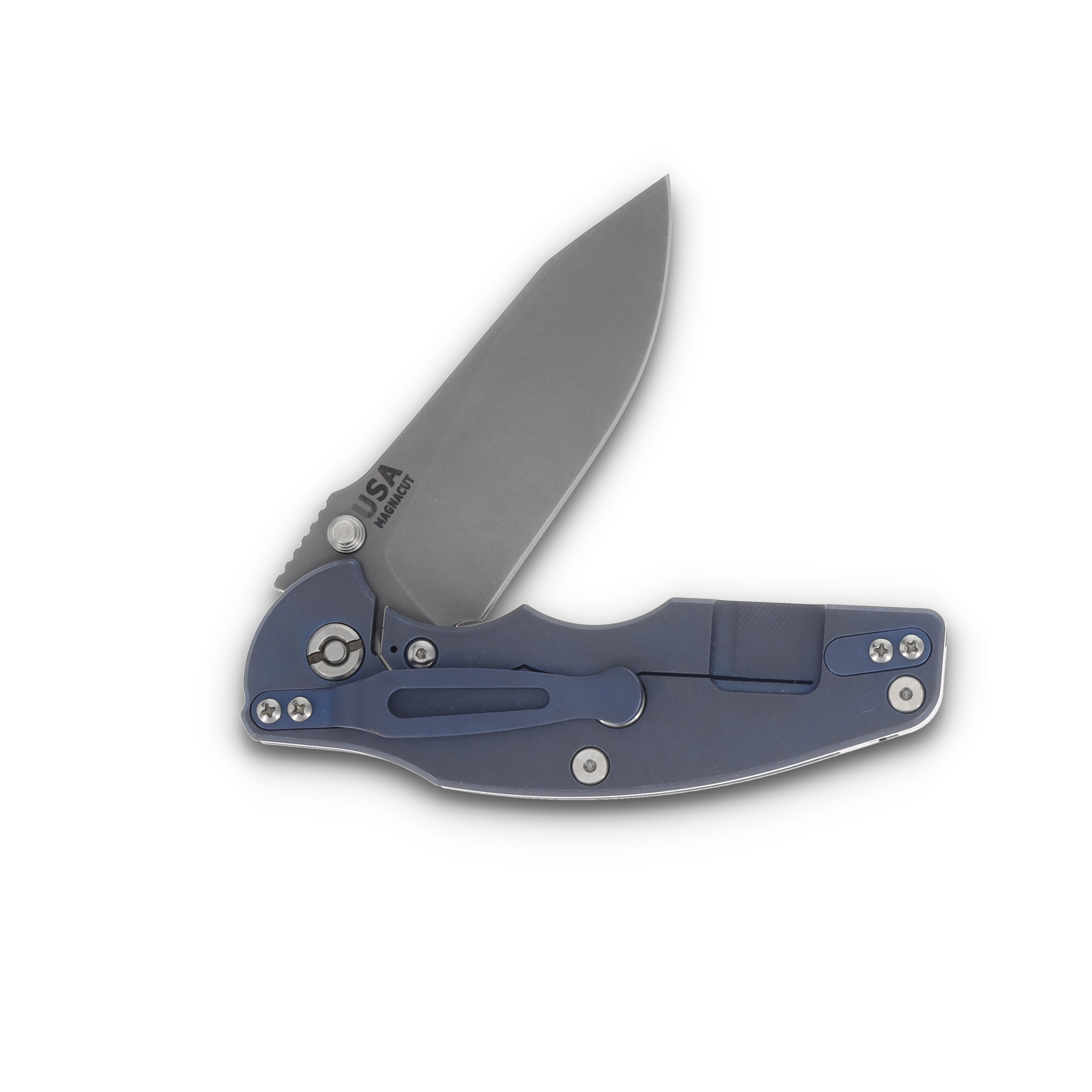 Hinderer Jurassic Black – Battle Blue 3.37in Plain Stonewash Drop Point KJURSLHOSWBBLBLBK View 4