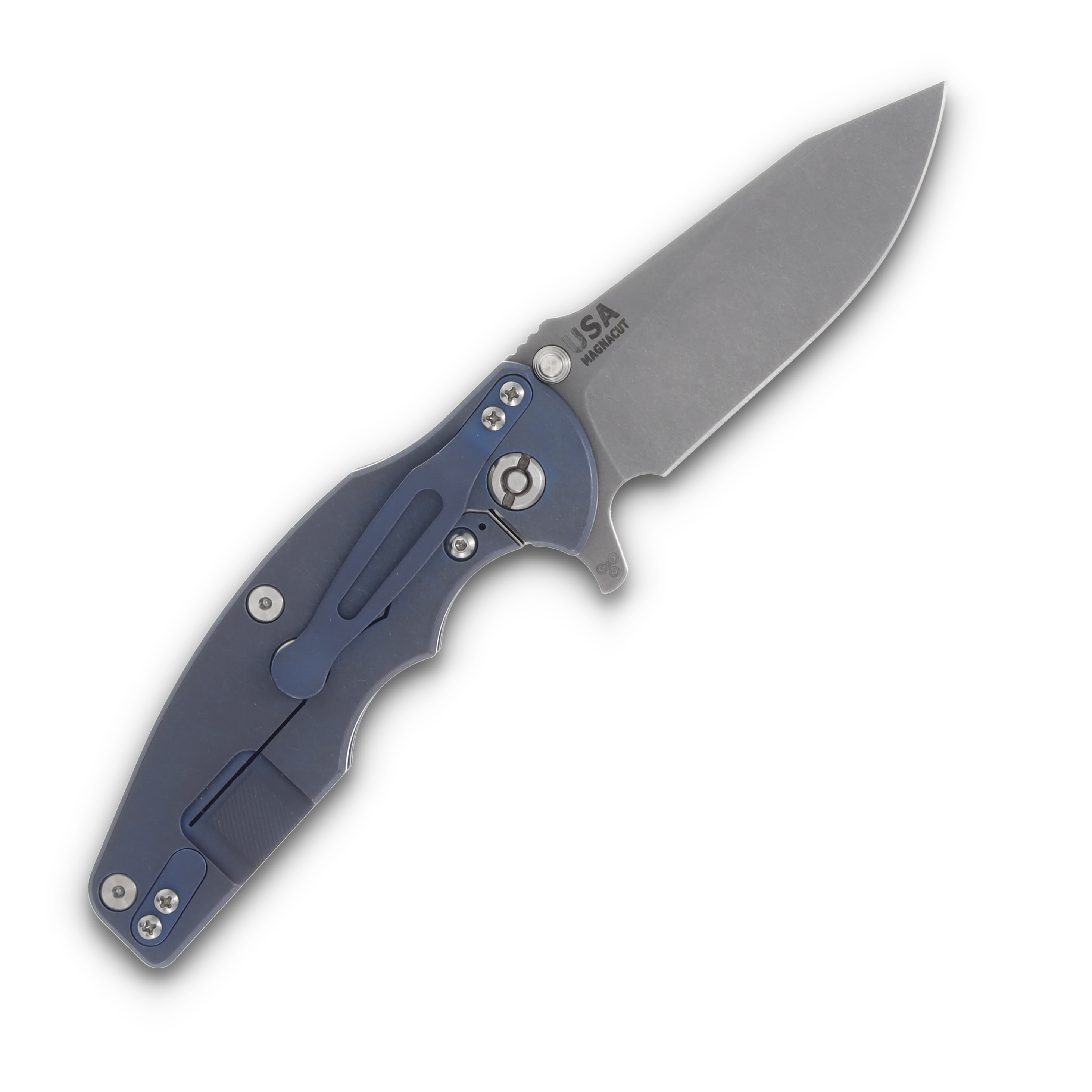 Hinderer Jurassic Black – Battle Blue 3.37in Plain Stonewash Drop Point KJURSLHOSWBBLBLBK View 2