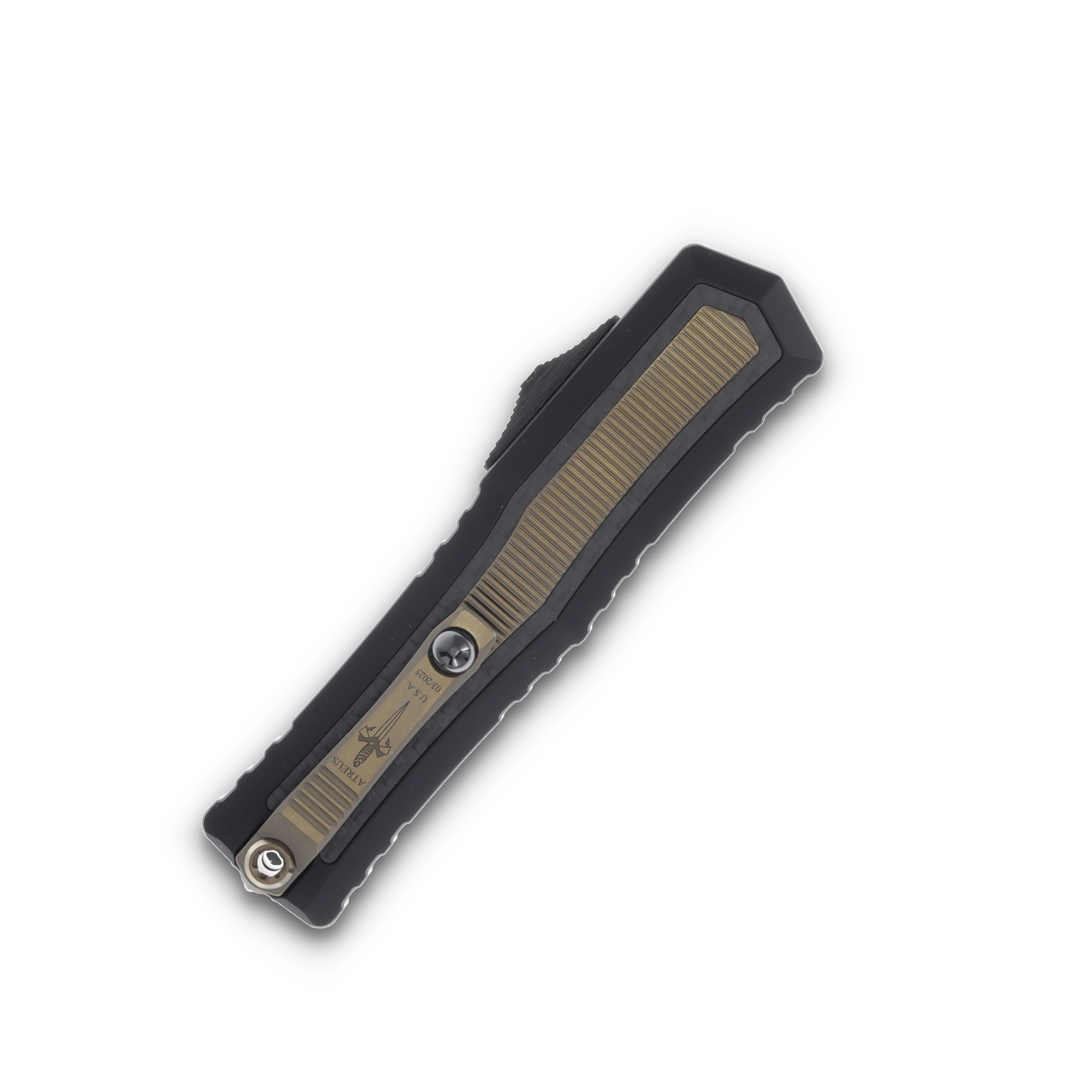 Microtech Atreus Carbon Fiber-Bronze Inlay 3.95in Blued Damascus Dagger AUMT129016BLCPBZMCK View 6