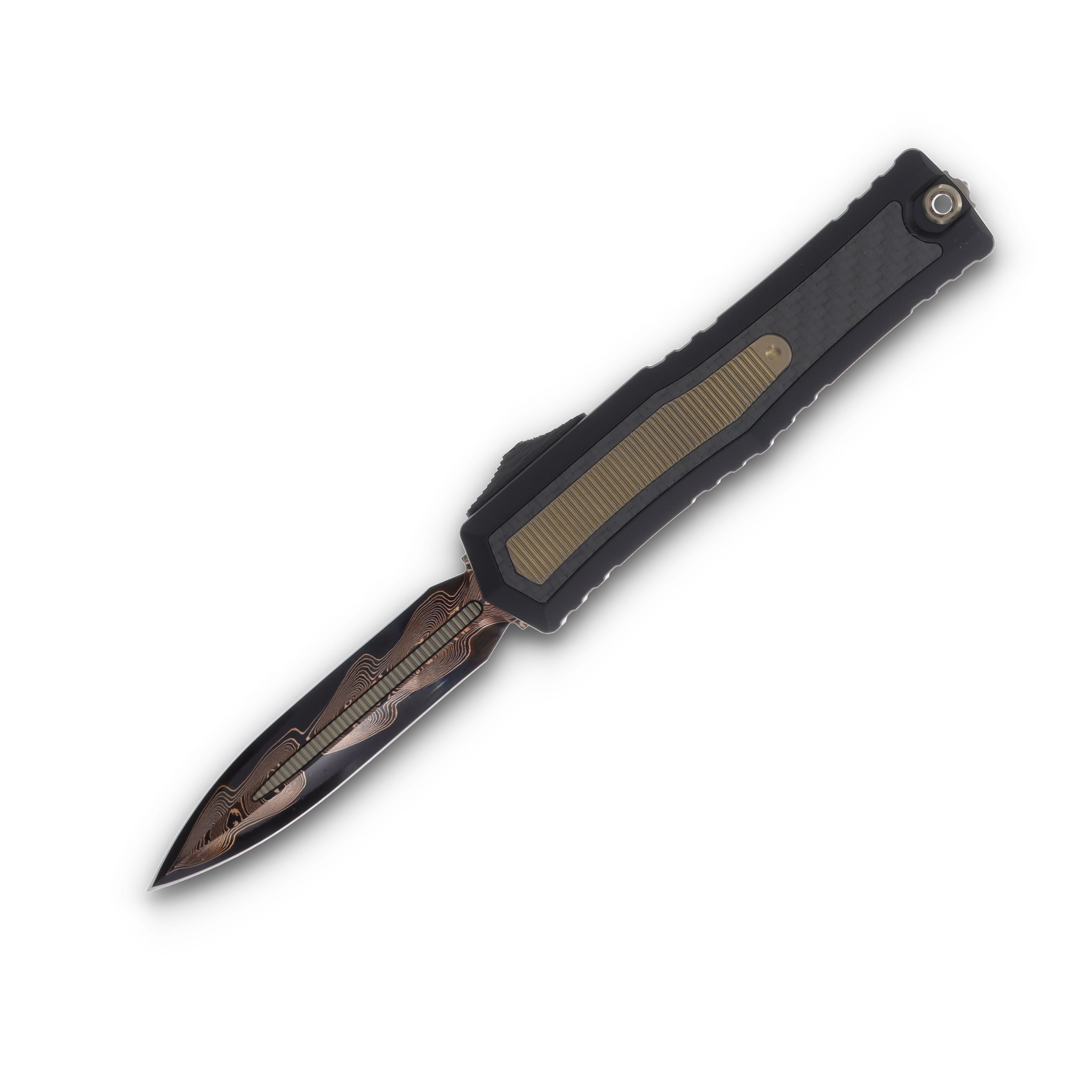 Microtech Atreus Carbon Fiber-Bronze Inlay 3.95in Blued Damascus Dagger AUMT129016BLCPBZMCK View 1