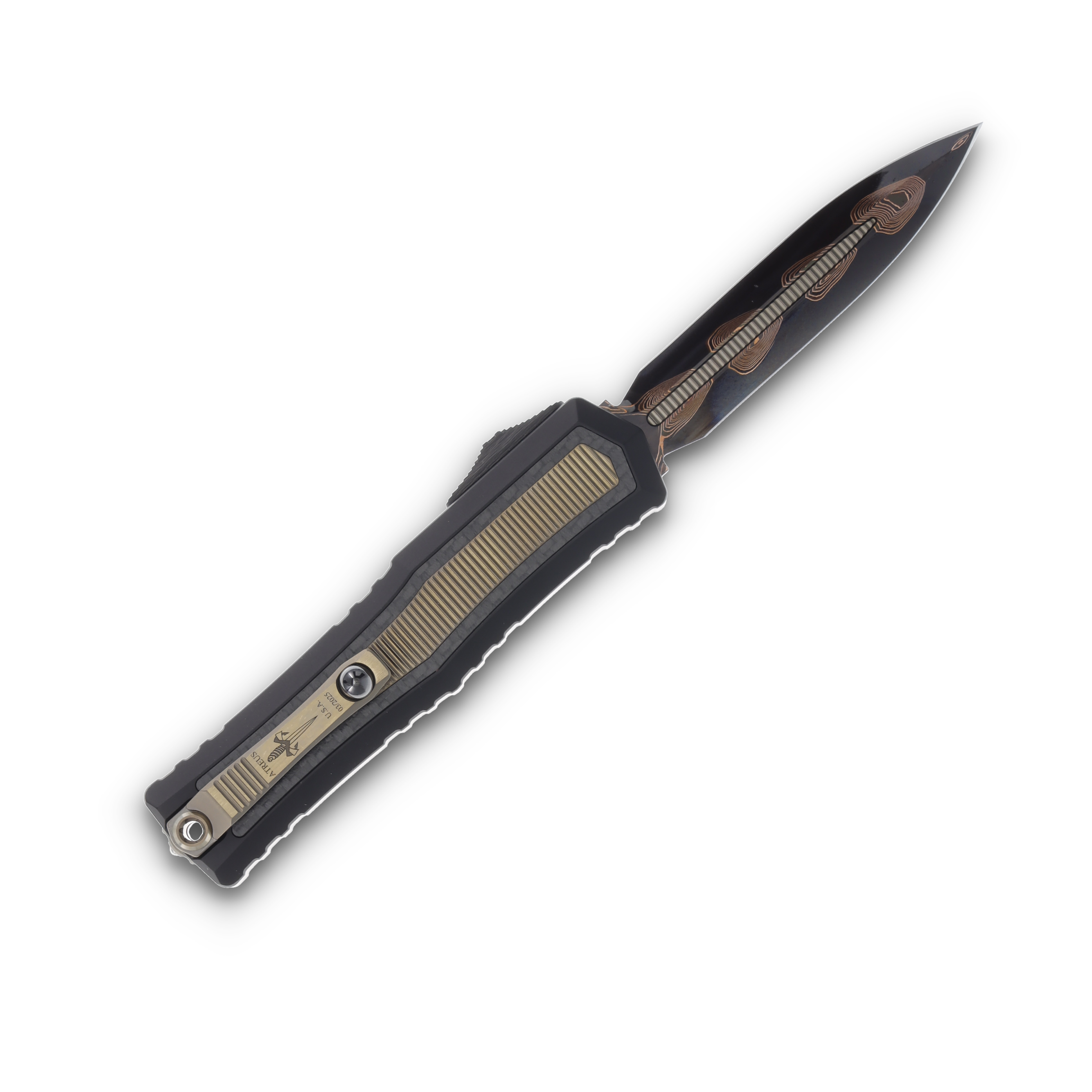 Microtech Atreus Carbon Fiber-Bronze Inlay 3.95in Blued Damascus Dagger AUMT129016BLCPBZMCK View 2