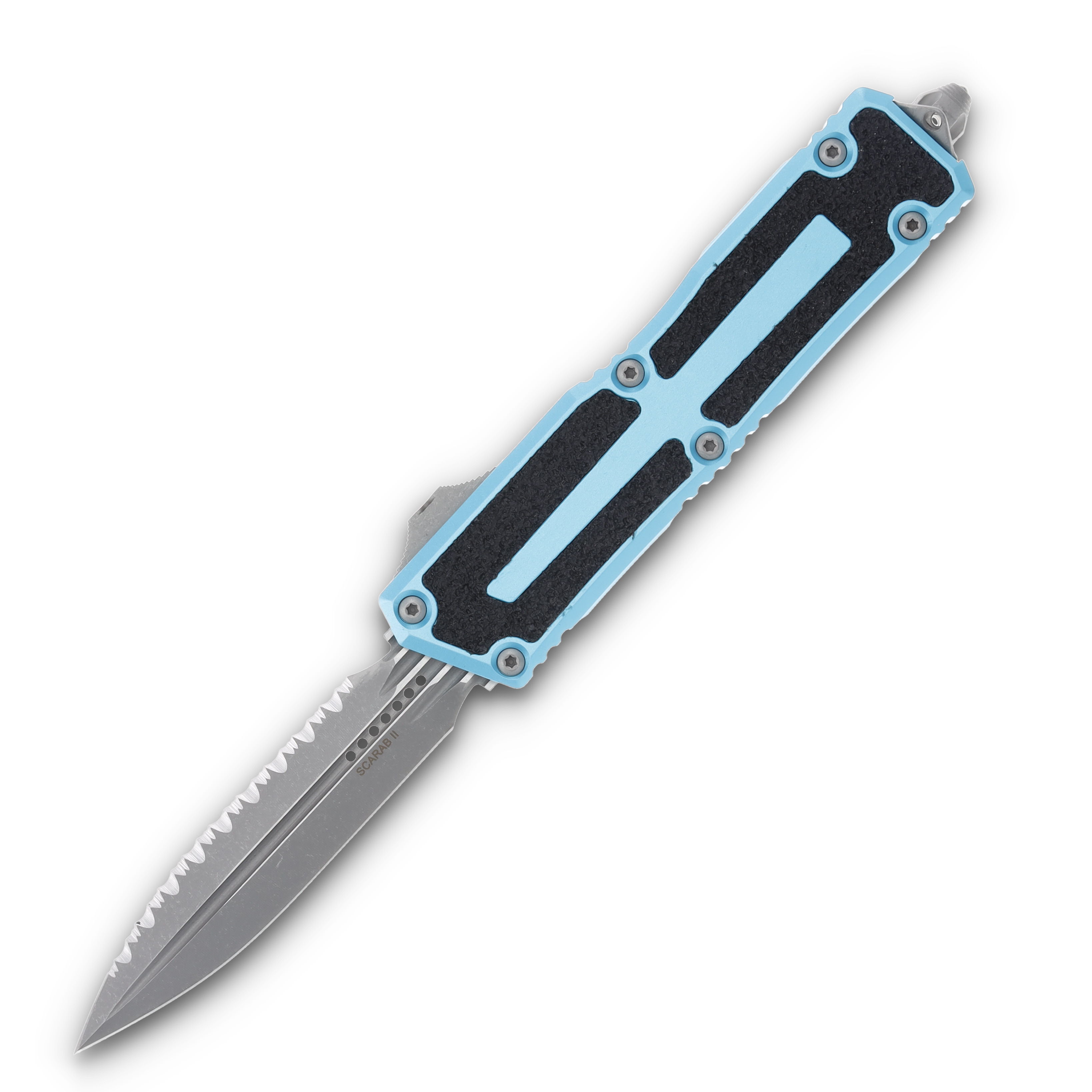 Microtech Scarab II Gen III D/E Apocalyptic Full Serrated Turquoise Aluminum AUMT128012APTQ View 1