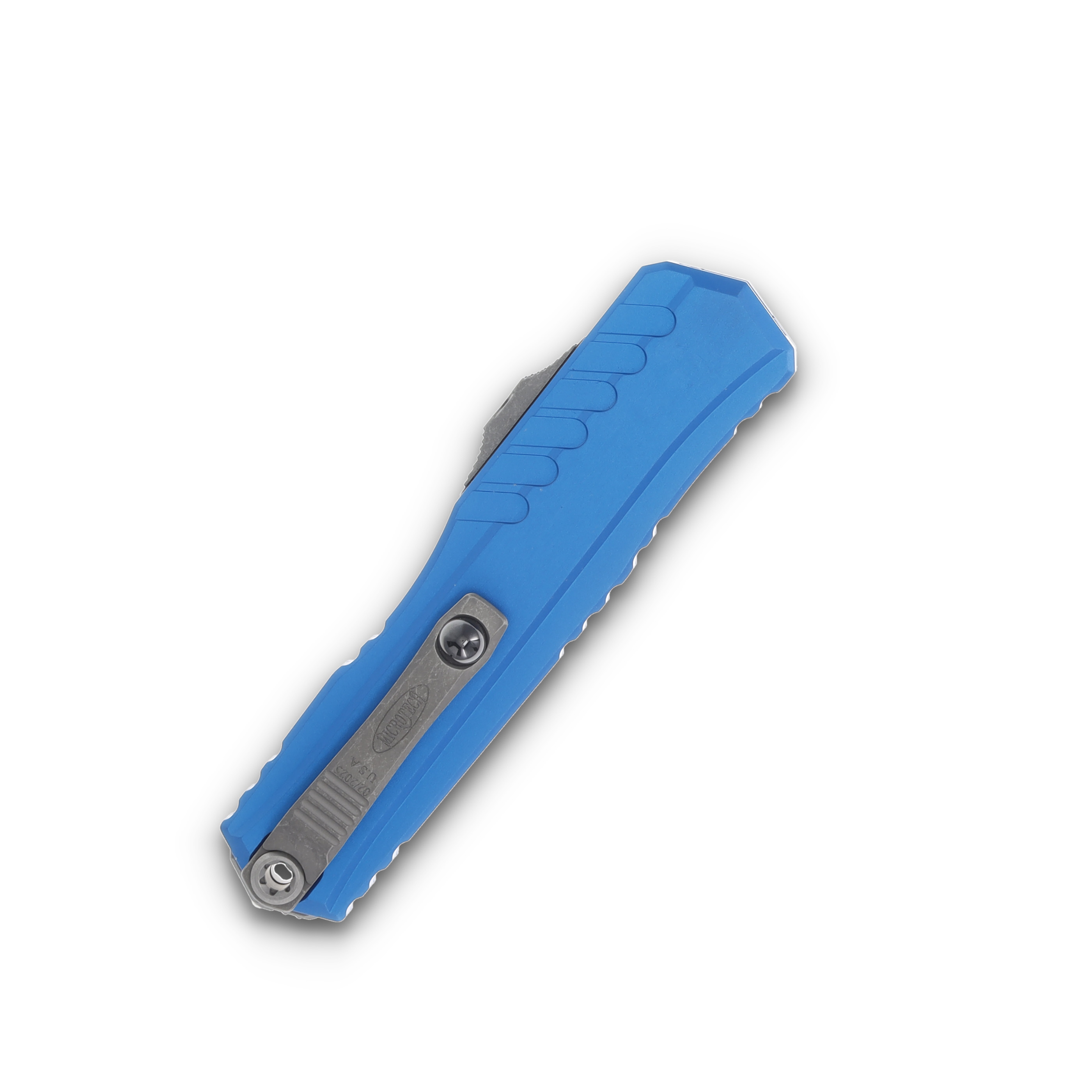 Microtech Cypher II OTF Auto Knife Blue 3.5in Part Serr Apoc Wharncliffe Blade AUMT124111APBL View 2