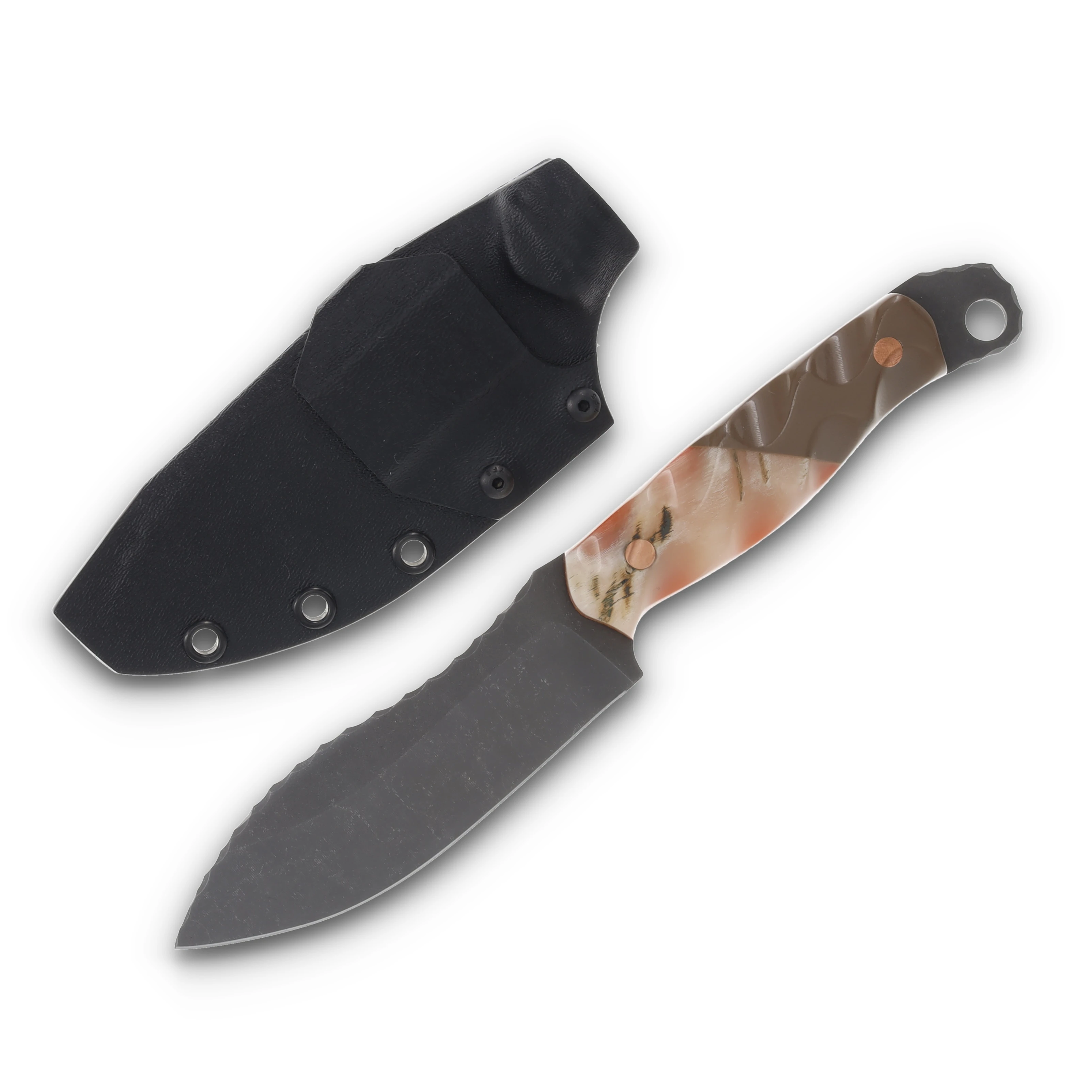 Half Face Blades Hunter Skinner- Rams horn, Coyote brown G10, orange G10 liner, copper pins, textured grip HFHUNTSKINRH View 1
