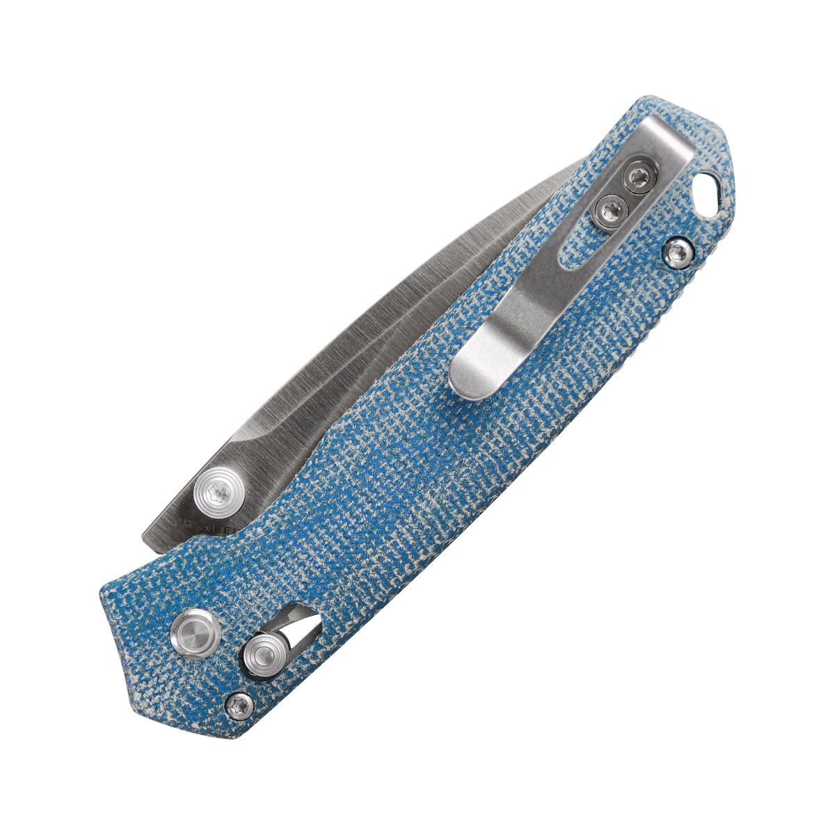 Vosteed Mini Psyop Crossbar Lock Knife Blue Micarta 2.69in Satin Drop Point A2301 View 2