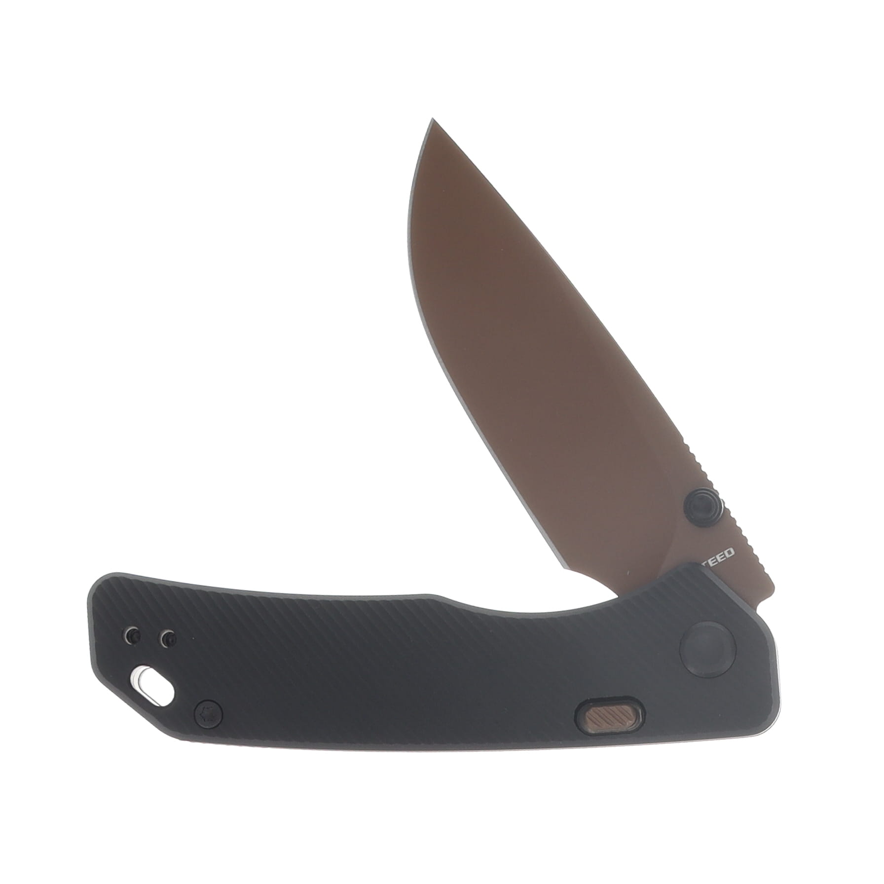 Vosteed Marten Button Lock Knife Black 2.98in Copper Dune Drop Point A1605 View 3