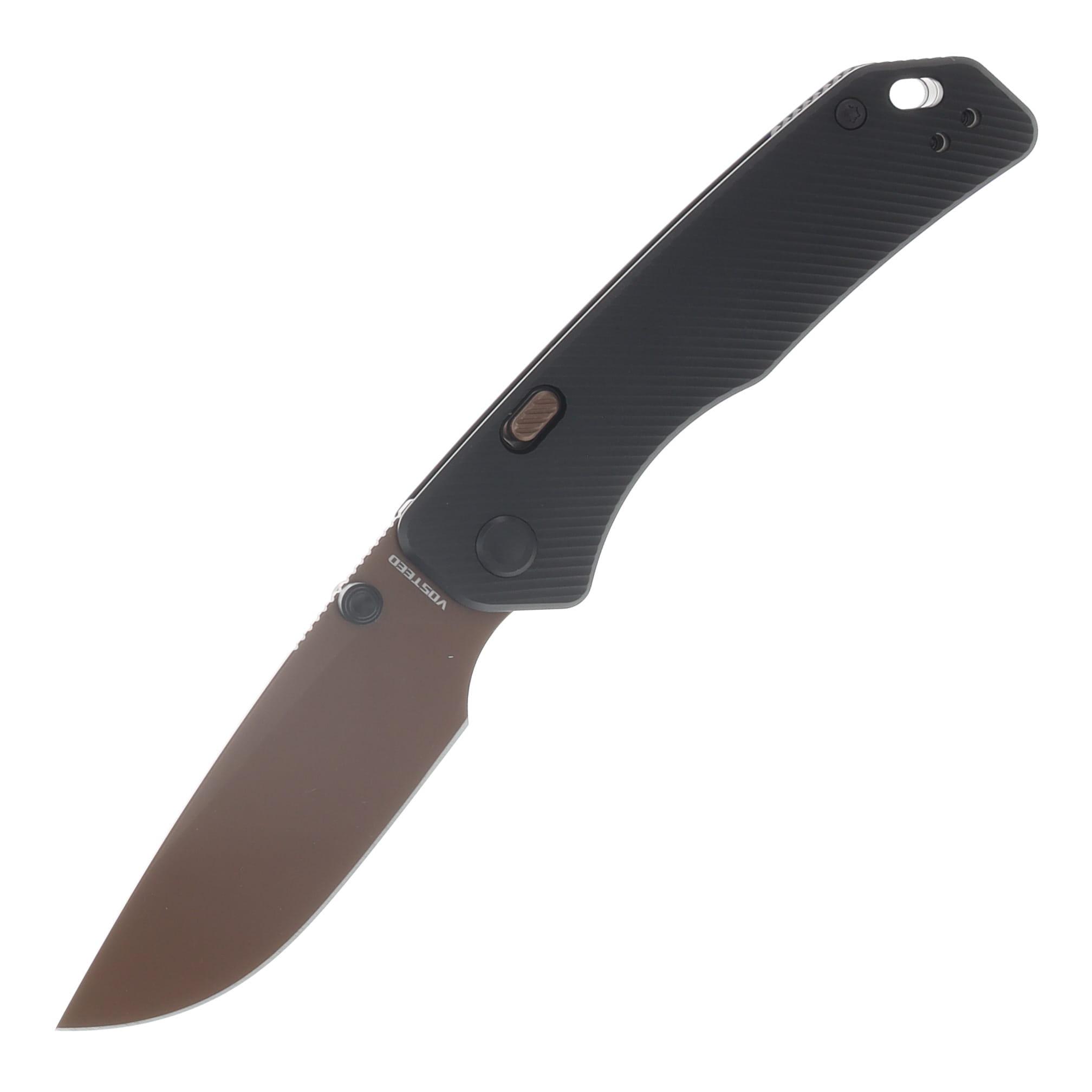 Vosteed Marten Button Lock Knife Black 2.98in Copper Dune Drop Point A1605 View 1