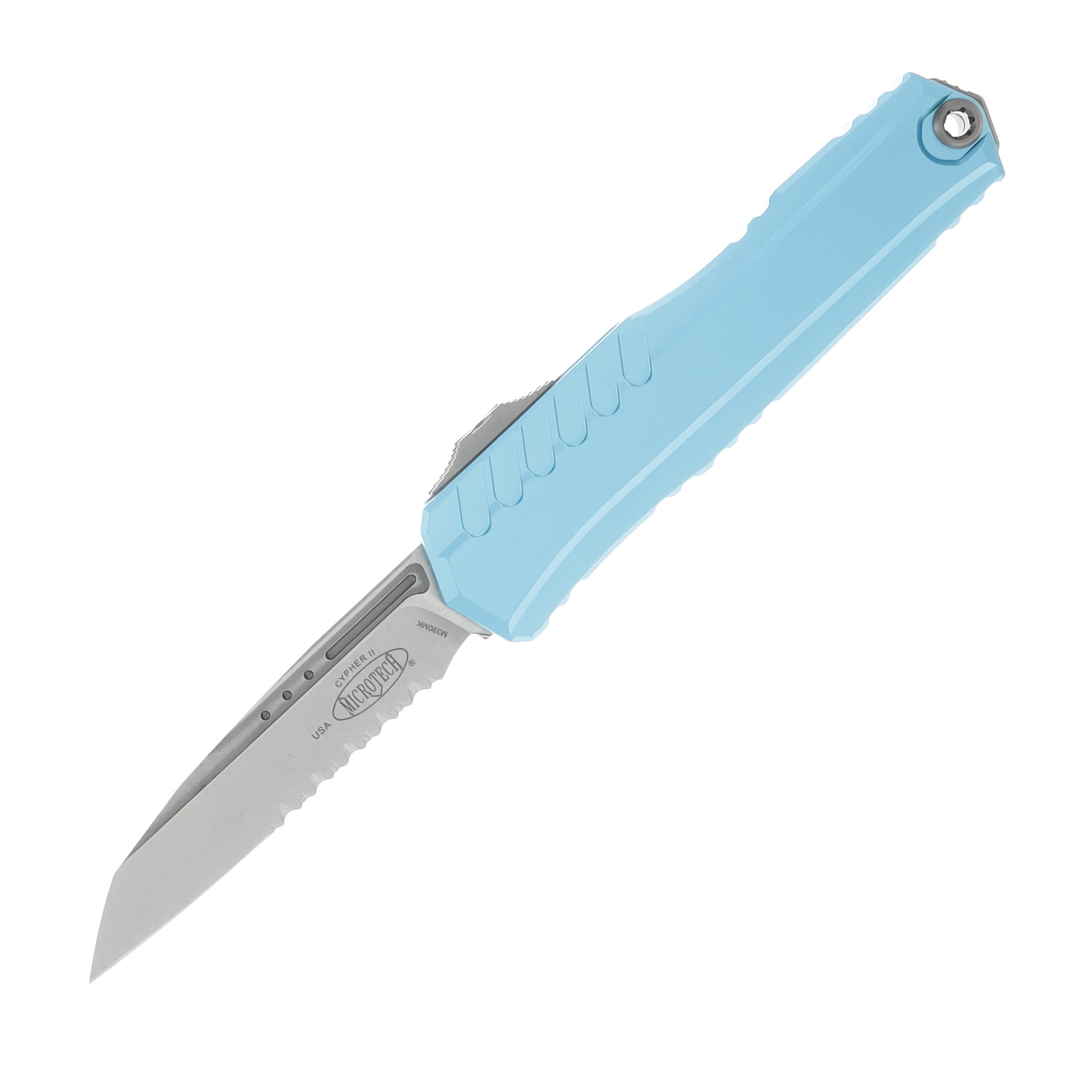 Microtech Knives Cypher II OTF Auto Turquoise 3.5in Part Serr SW Wharncliffe AUMT124111TQ View 1