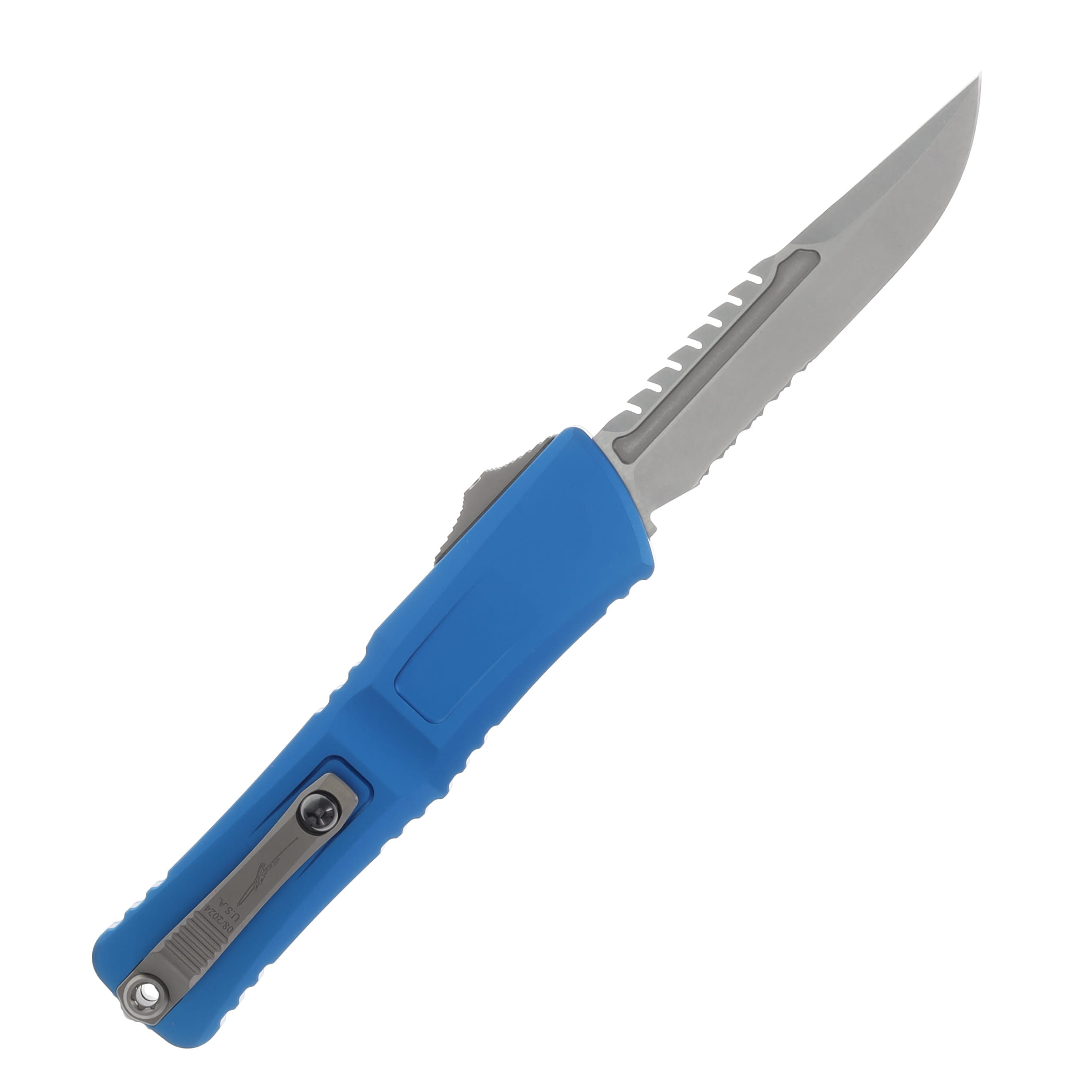 Microtech Combat Troodon Interceptor Gen III SS OTF Blue 4.0in Part Serr SW Blade AUMT121711BLS View 2