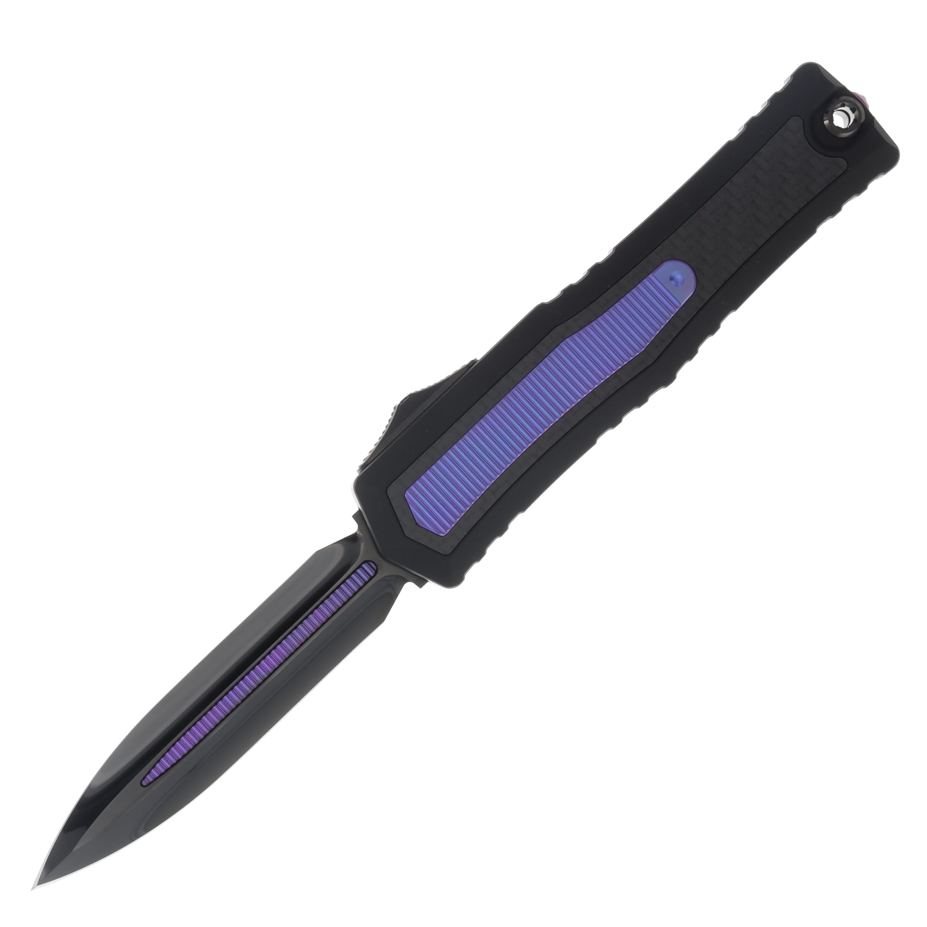 Microtech Atreus Carbon Fiber-Purple 3.95in Cracked Ice-Purple Dagger AUMT1290CIDLCPUCFMCK View 1