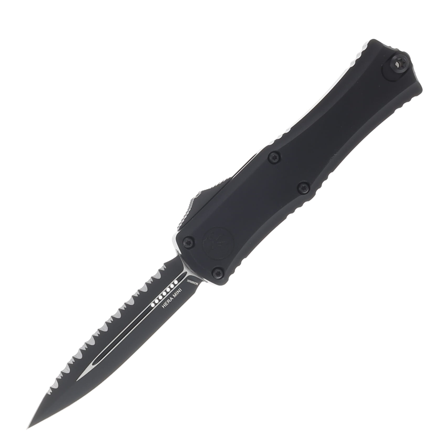 Microtech Mini Hera II OTF Knife Serrated Black Out Drop Point AUMT1702M3T View 1