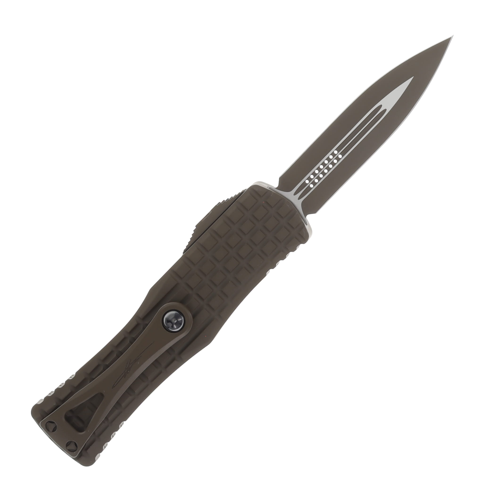 Microtech Hera II OTF Knife Signature Series Frag Patterned Chocolate Brown Dagger AUMT7021FRCCHS View 2