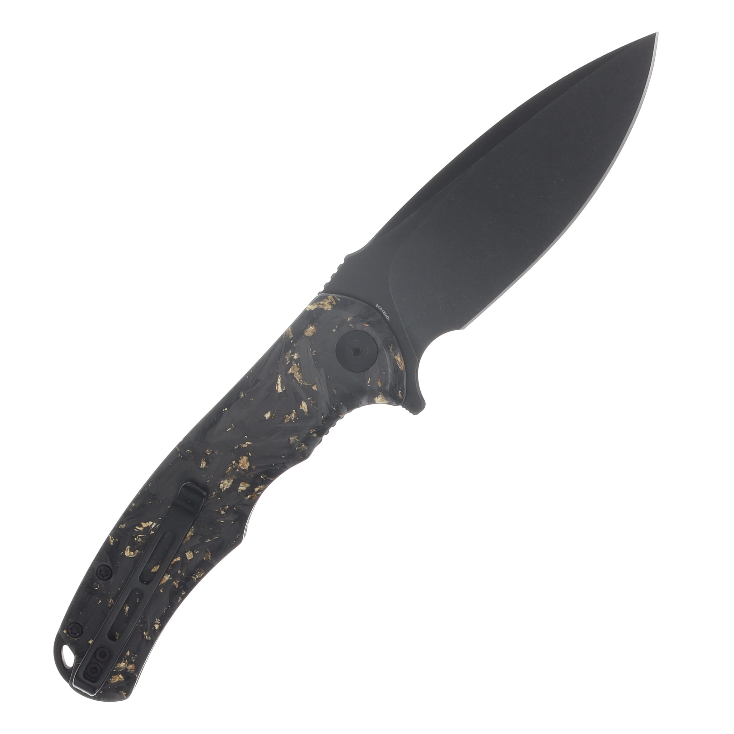 CIVIVI Praxis Shredded Carbon Fiber - Golden Shred Resin 3.75in Plain Black Stonewash Drop Point C803J View 2