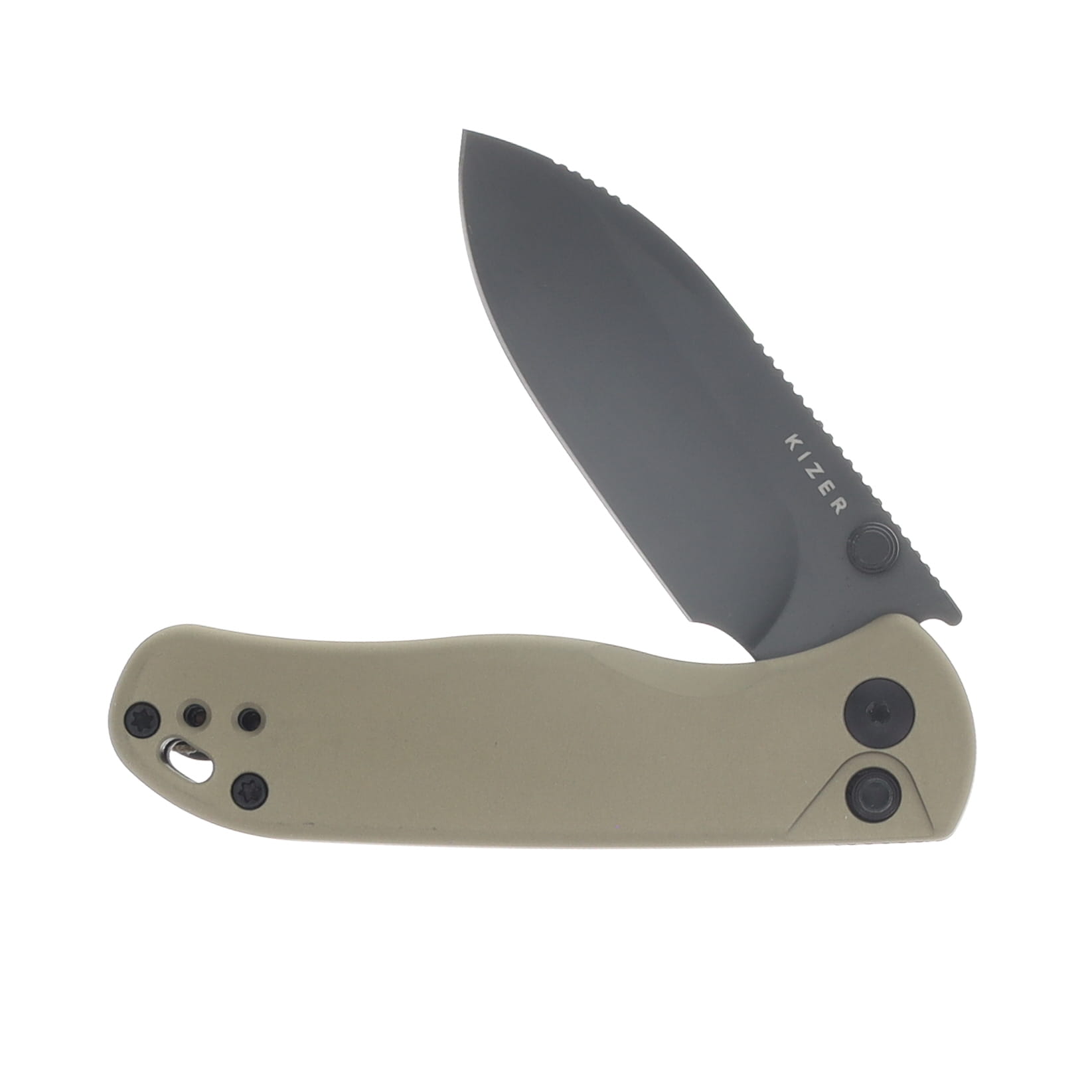 Kizer Drop Bear 2 Tan Aluminum 2.92 Inch Plain Black Drop Point V3619.2CD1 View 3