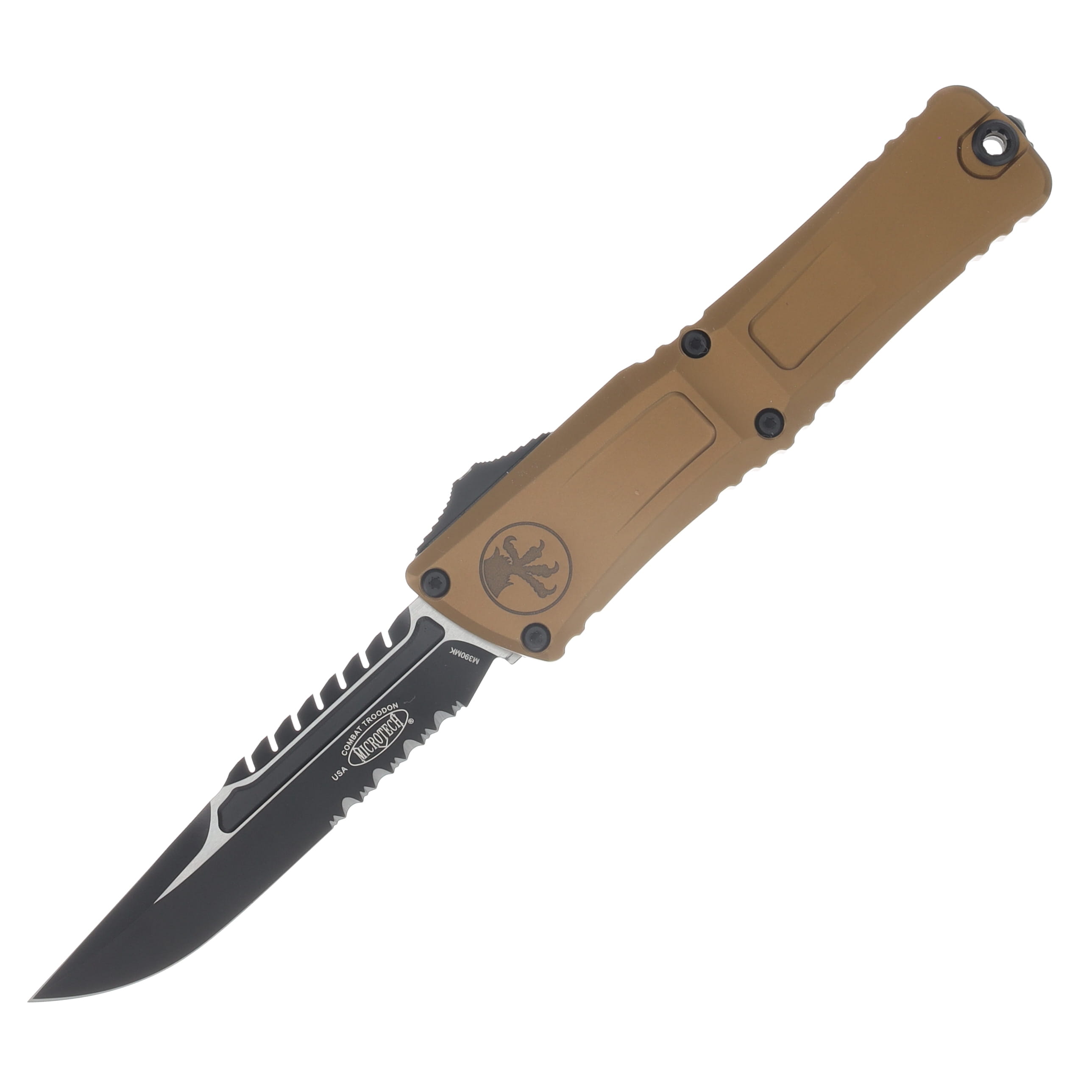 Microtech Combat Troodon OTF Gen III Signature Series Black Coated Half Serrated Drop Point/Tan AUMT12172TAS View 1