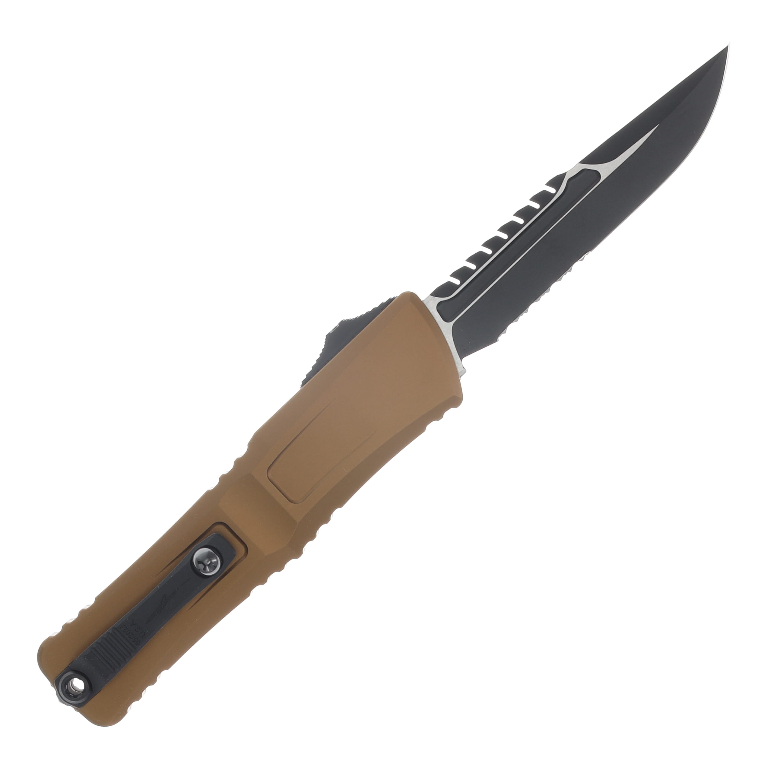 Microtech Combat Troodon OTF Gen III Signature Series Black Coated Half Serrated Drop Point/Tan AUMT12172TAS View 2