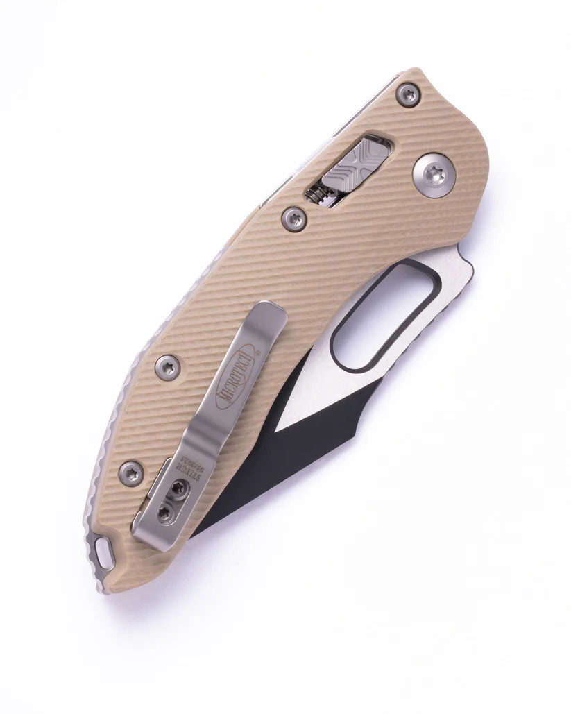 Microtech Knives Stitch Ram-Lok Fluted G10 Tan 3.71in Serrated Black Blade MT169RL3FLGTTA View 2