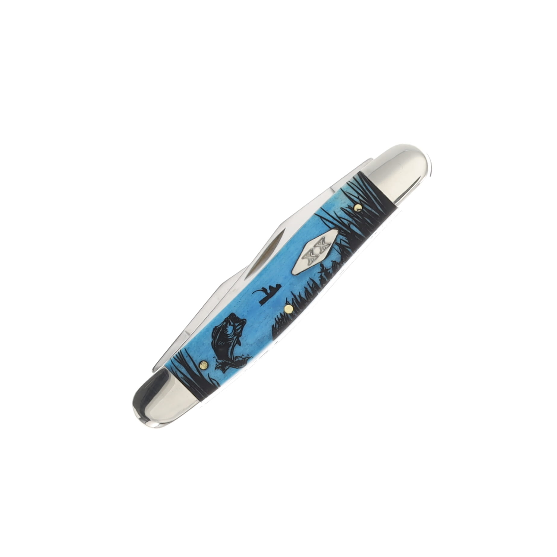 Case XX Muskrat Folding Knife Bass Fish Caribbean Blue Smooth Bone Diamond Shield CA12519BASS View 4