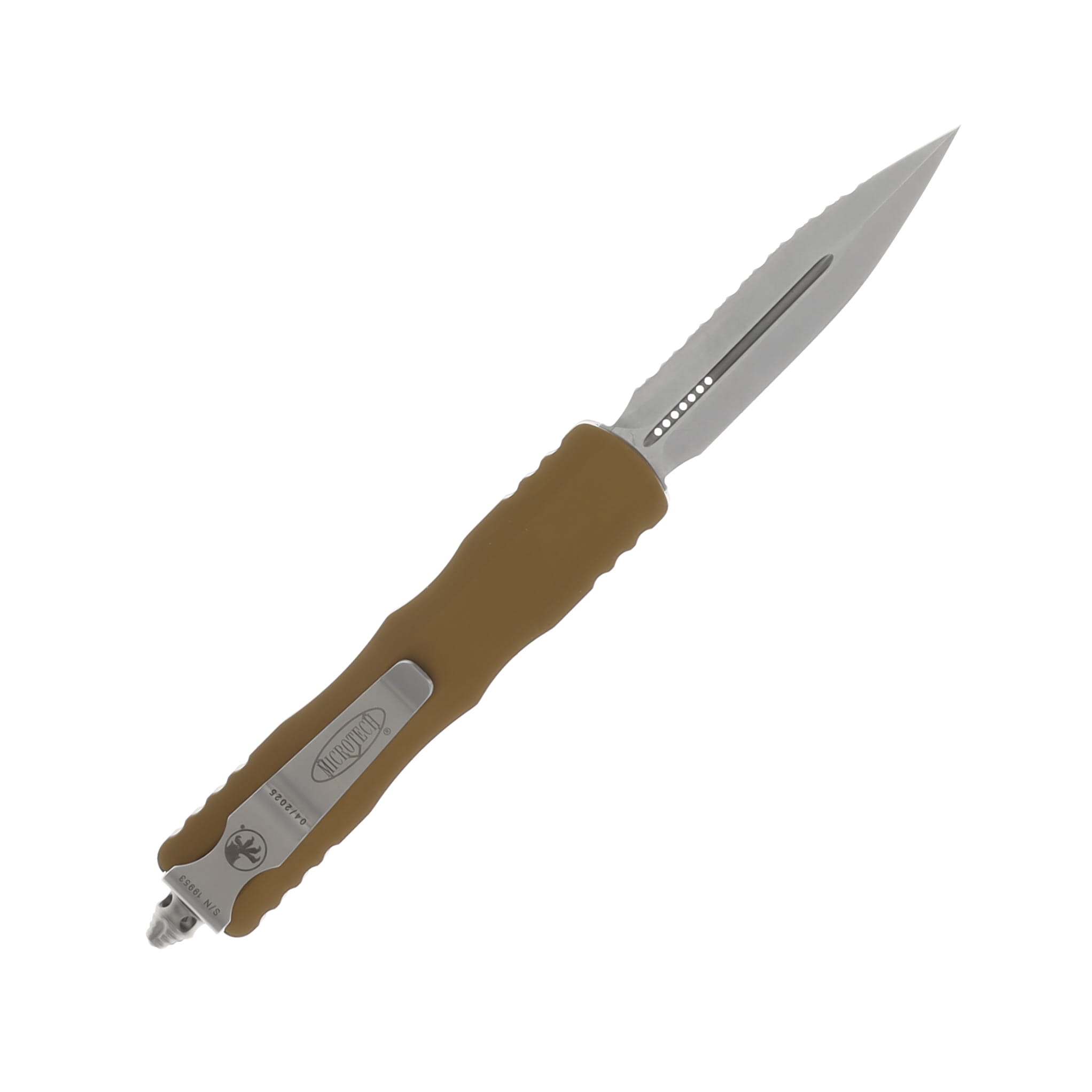 Microtech Dirac Double Edge Stonewash Full Serration Tan Aluminum AUMT22512TA View 2