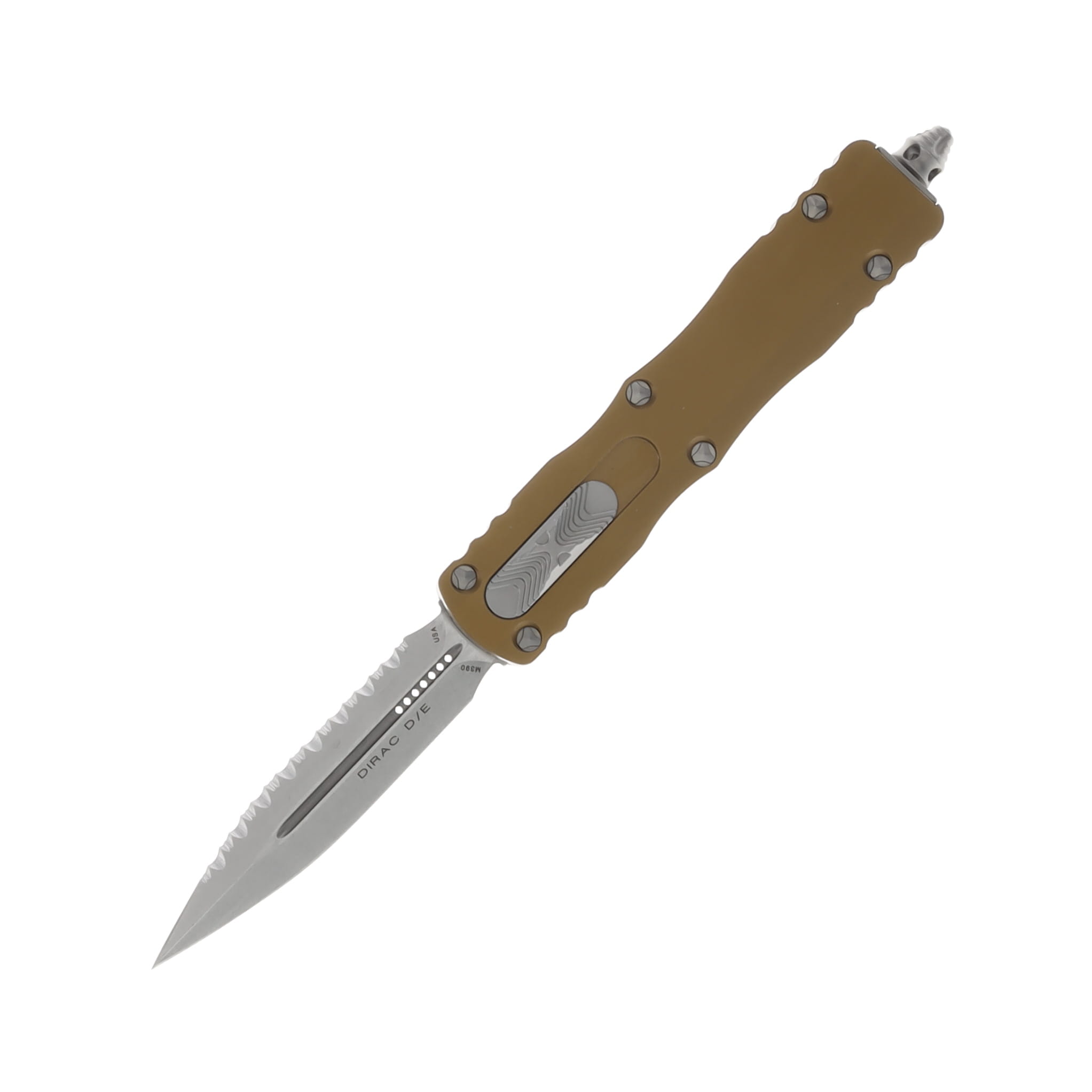Microtech Dirac Double Edge Stonewash Full Serration Tan Aluminum AUMT22512TA View 1