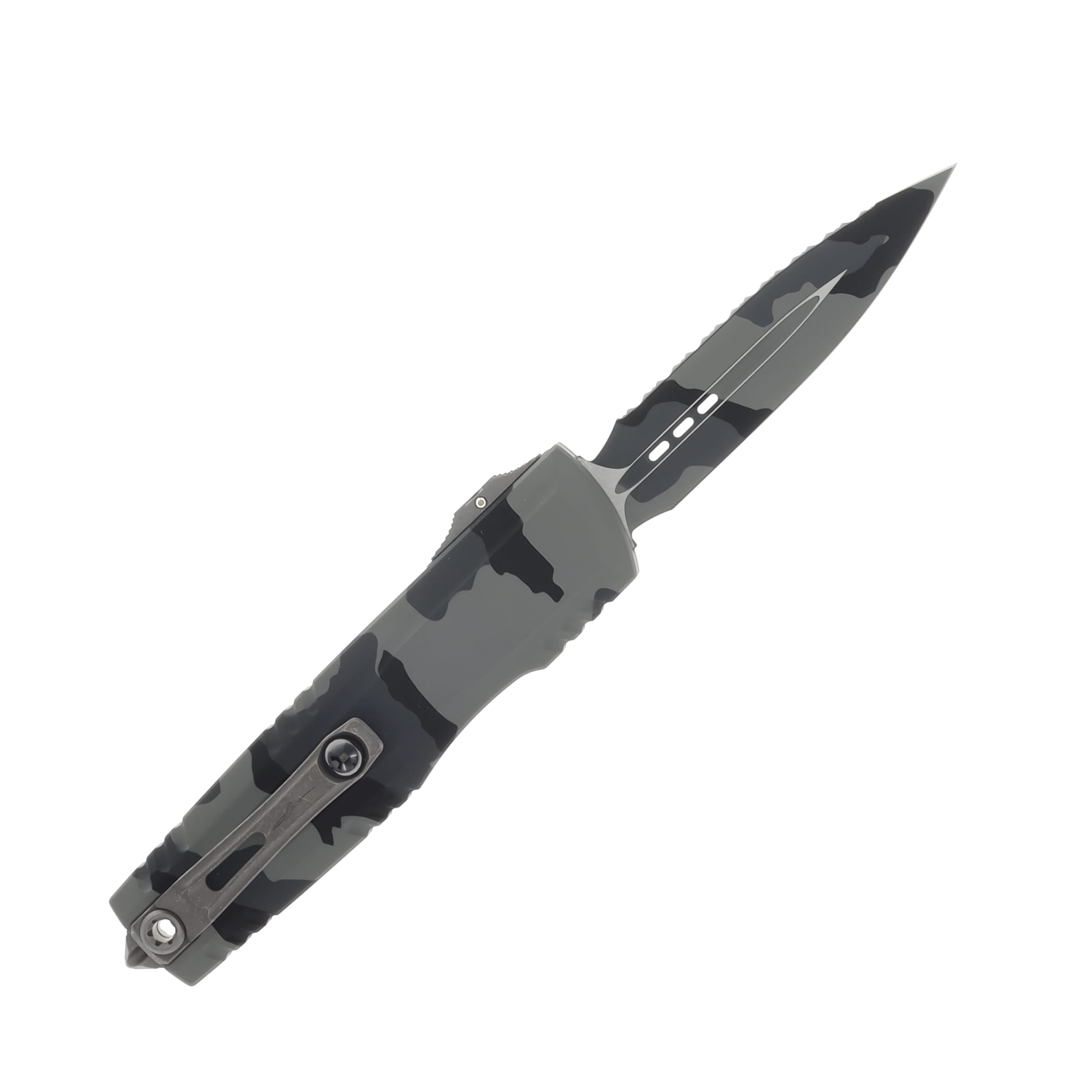 Microtech Luminary Signature Series OTF Automatic Knife Urban Camo Serrated Dagger AUMT12703UCS View 2