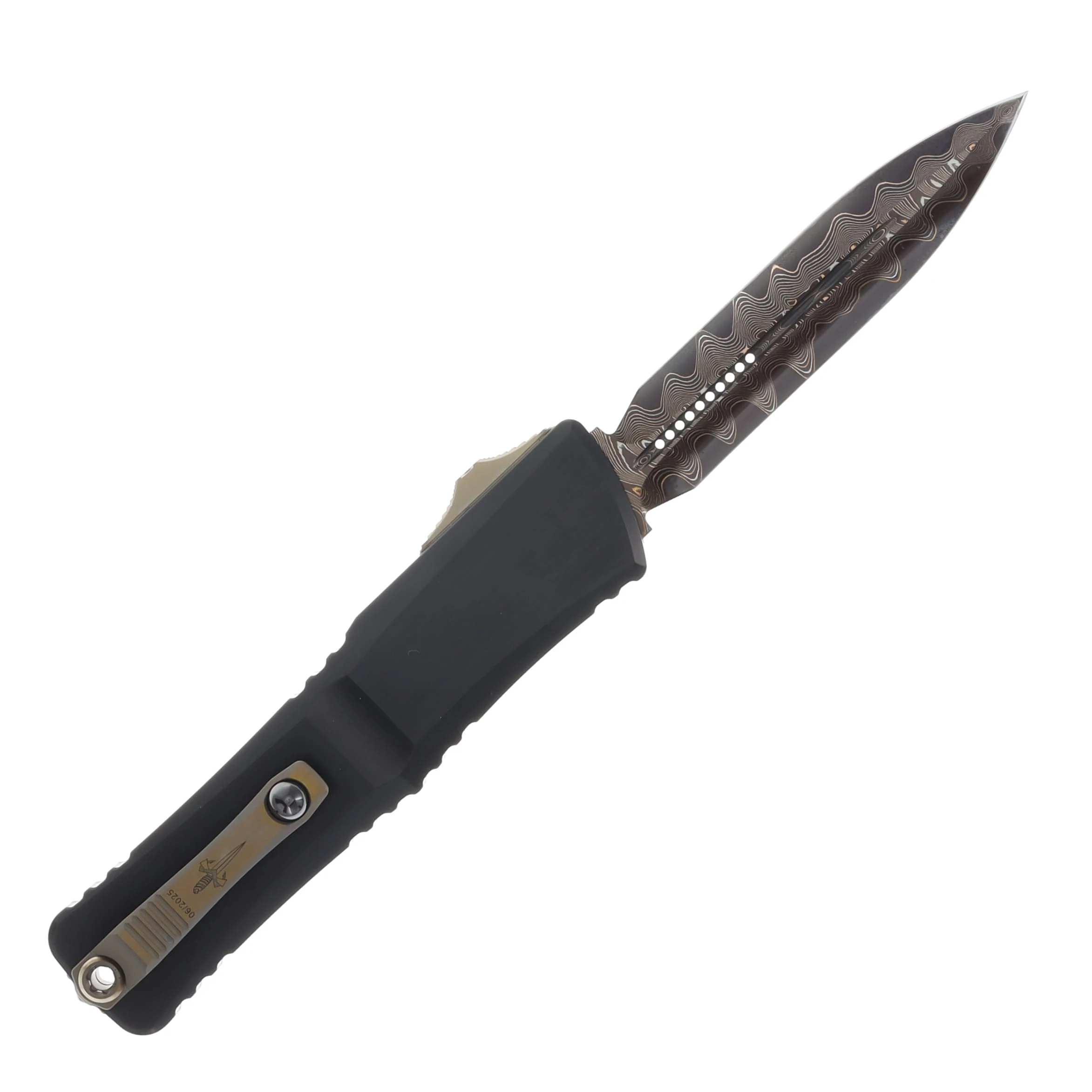 Microtech Combat Troodon OTF Hot Blued Baker Forge Coppermai Damascus D/E Stainless Steel with Bronze Titanium Accents AUMT114216HBLCPBZMCK View 2