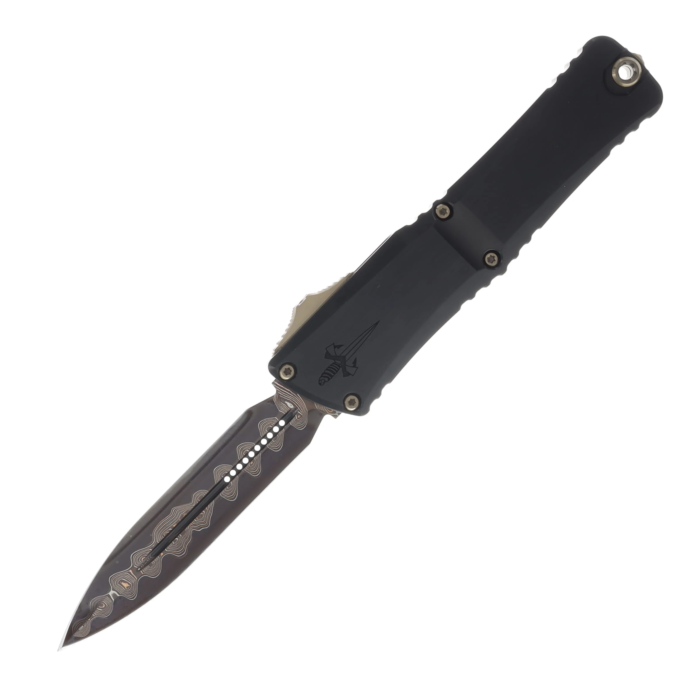 Microtech Combat Troodon OTF Hot Blued Baker Forge Coppermai Damascus D/E Stainless Steel with Bronze Titanium Accents AUMT114216HBLCPBZMCK View 1