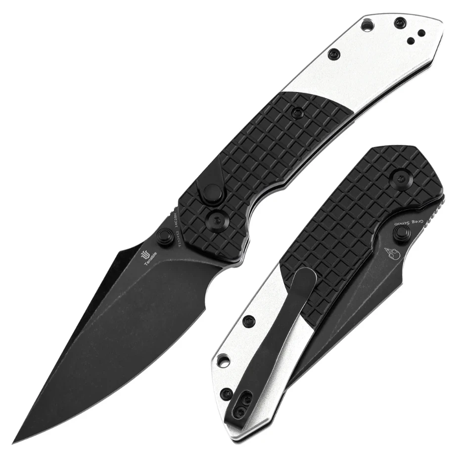 Tenable Fenrir Button Lock Folding Knife Blackwash 14C28N/Silver and Frag Patterned Black Aluminum T1034S2 View 1