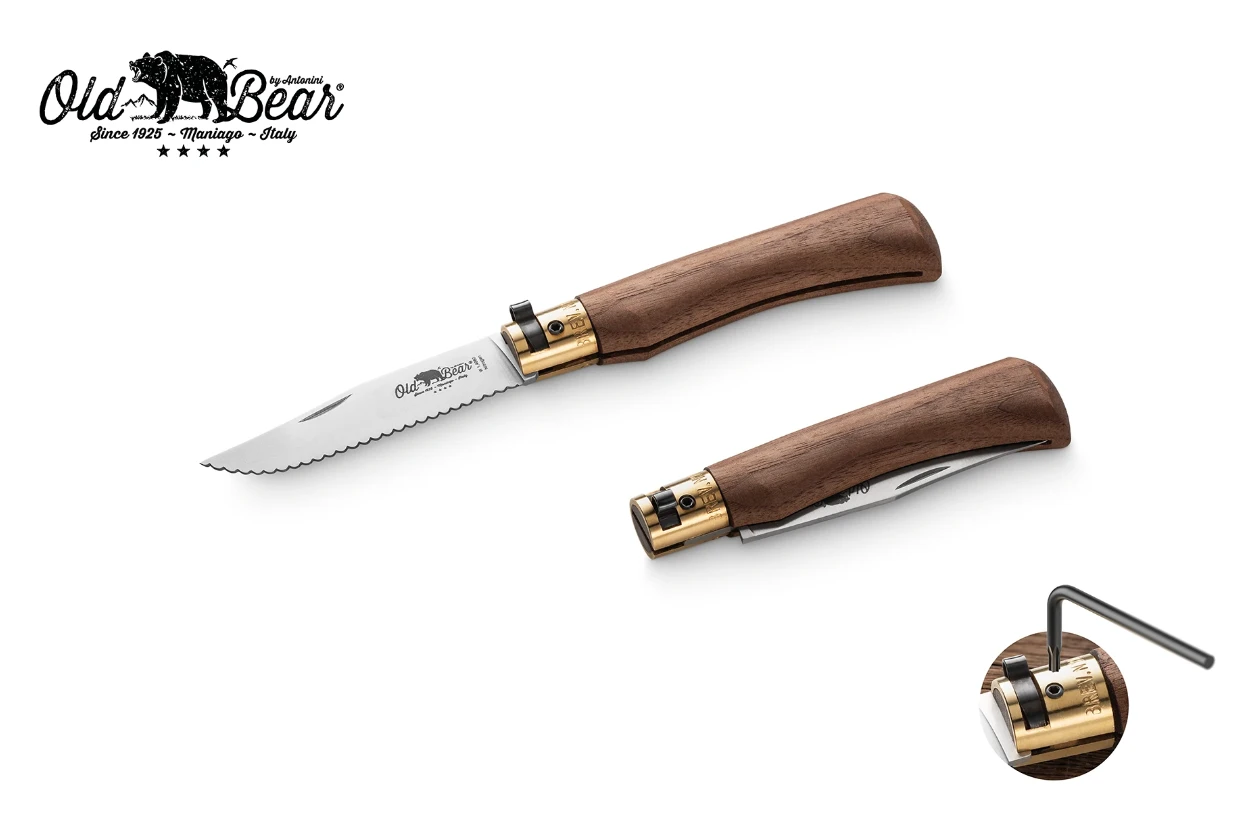 Antonini Knives Old Bear Classical Folding Knife Small Walnut Handle Serrated Stainless Steel Blade 9337/17_LN View 1