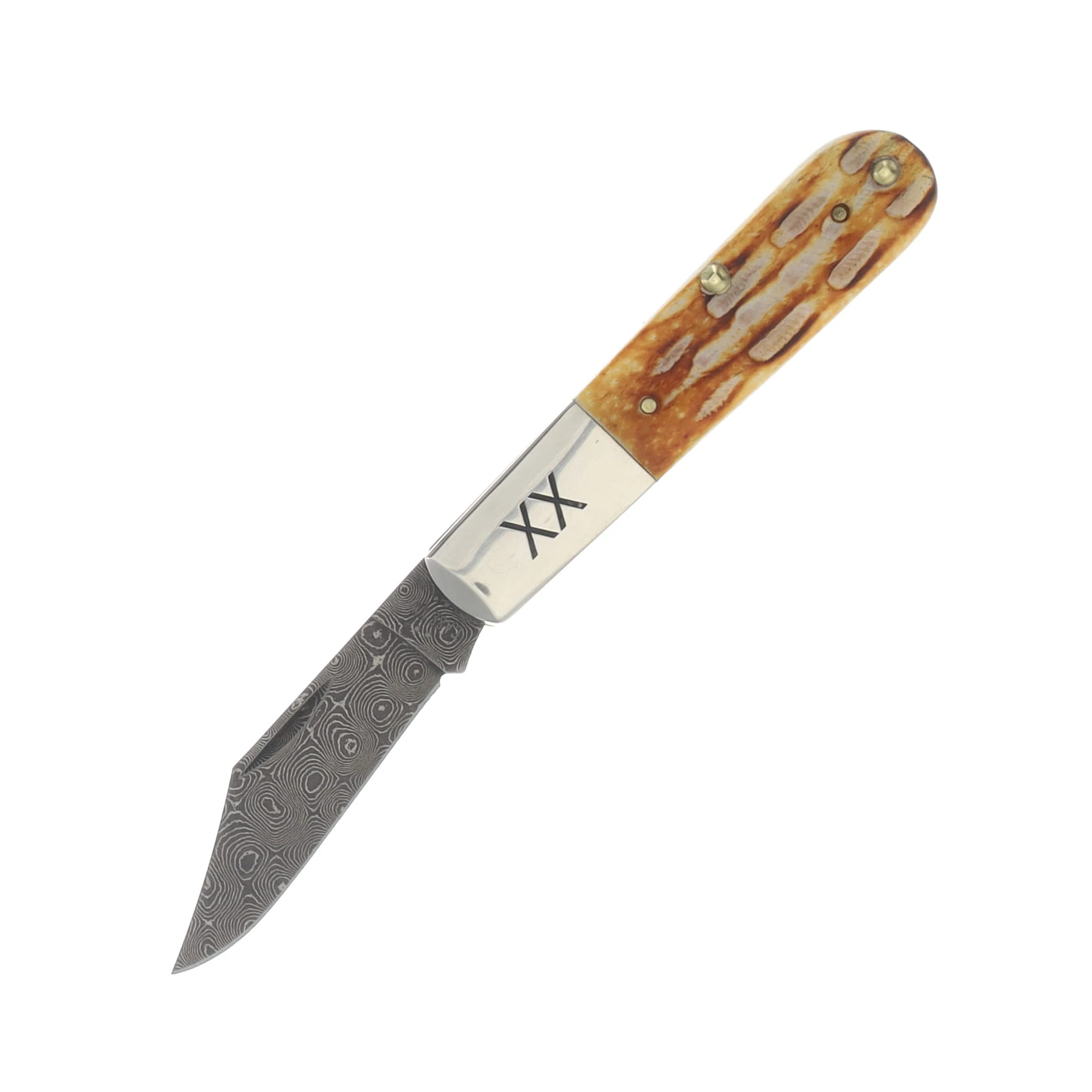 Case XX Burnt Natural Bone Deep Canyon Jigged Damascus Barlow Folding Knife CA27232 View 1